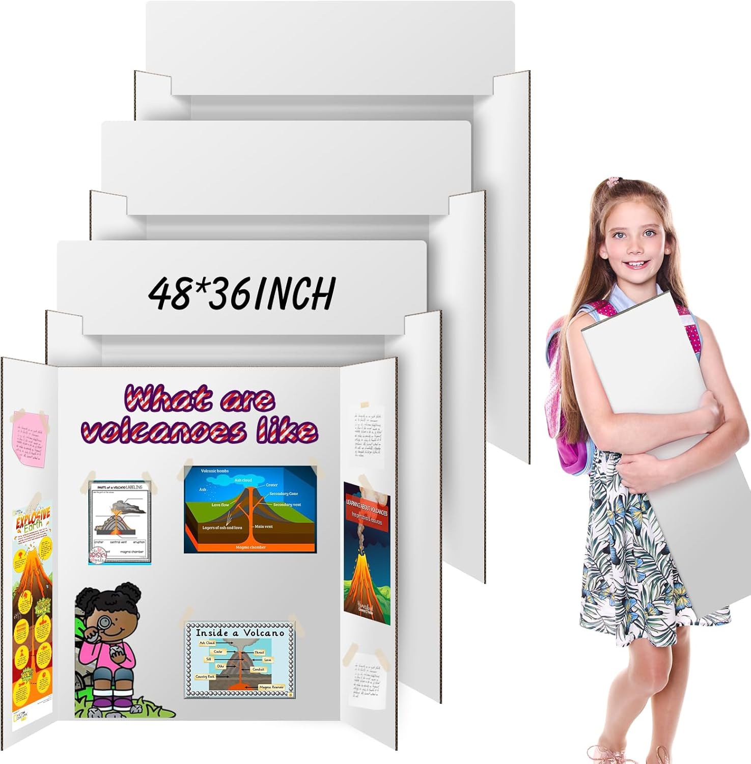 4 Pack Trifold Poster Board 48" X 36", IKAYAS 36 X 48 inch Double Sided White Poster Boards with Board Headers, Science Fair Display Boards for Mounting, Art,Display, Projects Classroom Supplies