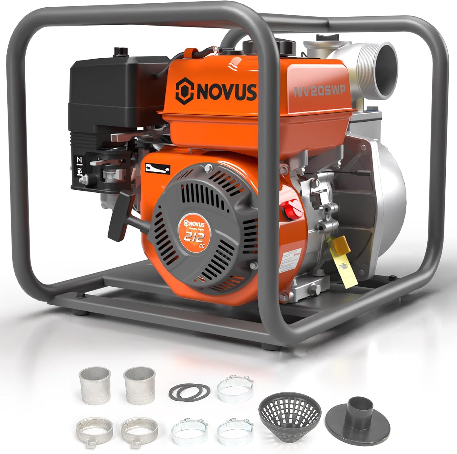 NOVUS 2-inch Semi Trash Pump, 212cc 4 Cycle Engine, 141 GPM 100ft Lift 23ft Suction, Gas Powered Water Pump for Pond Pool Draining Gardening Irrigation,EPA Certified