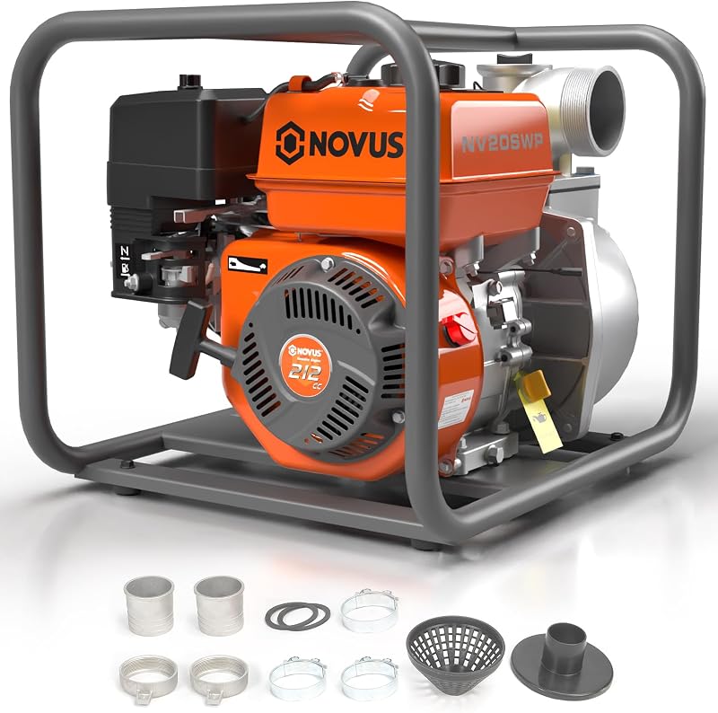 NOVUS Bomba de basura semi de 2 pulgadas, motor de 4 ciclos de 212 cc, 141 GPM, elevación de 100 pies, succión de 23 pies, bomba de agua a gas para estanque, pileta, drenaje, riego de jardinería, certificado EPA