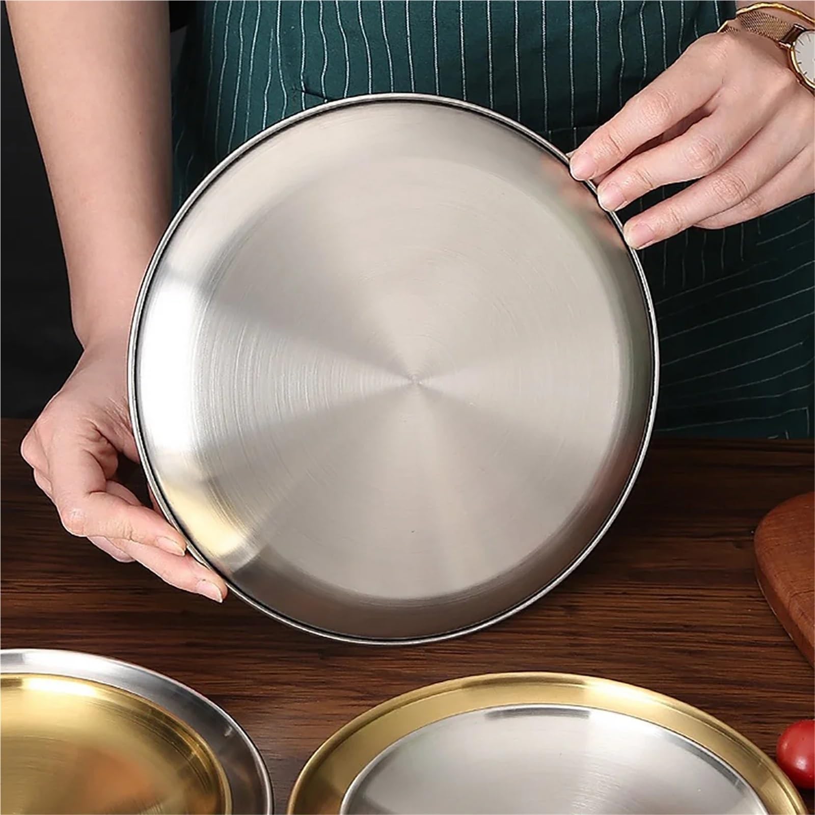Bandeja de Servicio de Acero Inoxidable Juego de vajilla 18 Piezas for mojar, Platos Redondos Acero Inoxidable for Barbacoa, Ensalada, Fruta, Postre, Pastel, Plato for Fiesta(Silver)