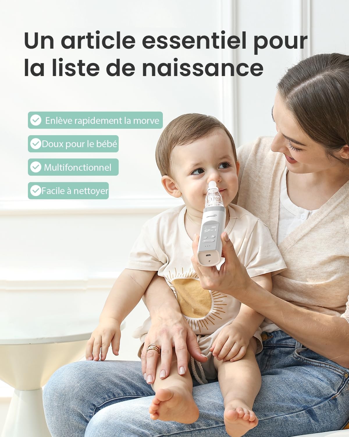 GROWNSY Mouche Bébé Électrique, Aspirateur Nasal Bébé avec Forte Aspiration et Grande Chambre, 3 Niveaux, Mouche Bébé avec Musique et Lumière, Rechargeable USB, pour Nouveau-nés et Enfants