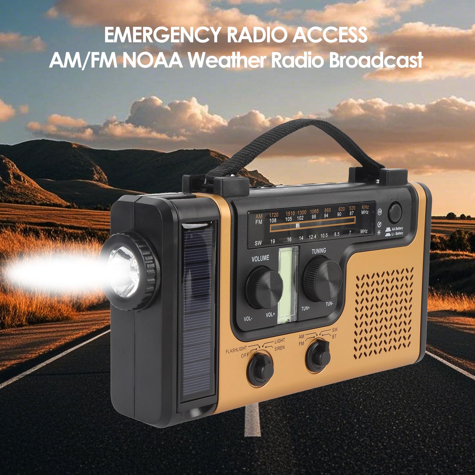 AM FM Solar Radio Radio, Bluetooth 5.0 Ręcznie Przenośne Radio z latarką, Alarm SOS, ładowarka do Telefonu Komórkowego, Małe Radia Pogodowe na Kemping, Awaryjne