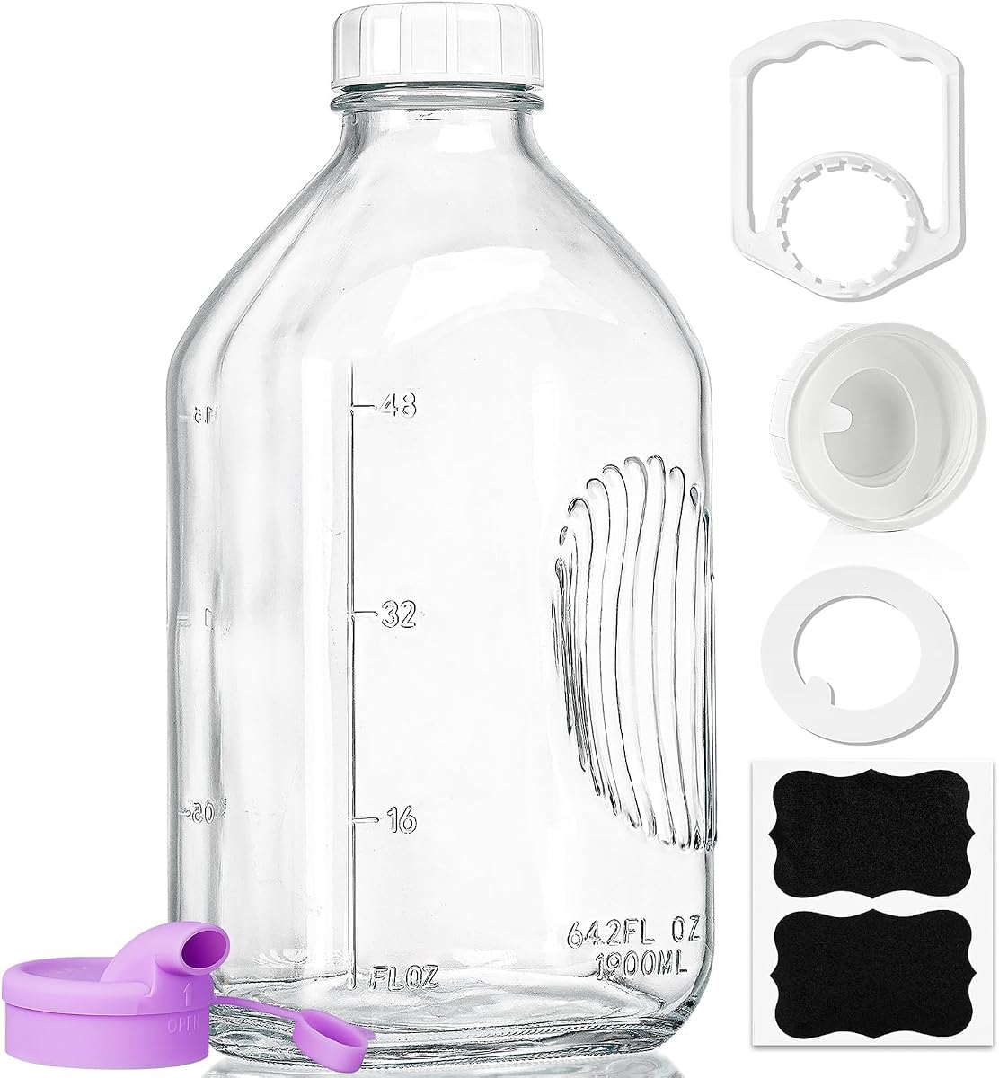 Ritayedet Botella de leche de vidrio de 64 onzas con tapa, jarra de vidrio de medio galón | Jarra de leche de vidrio de 2 cuartos, jugo y té solar, recipientes para almacenar leche materna, líneas de escala, asas * 1, apto para lavavajillas, sin BPA