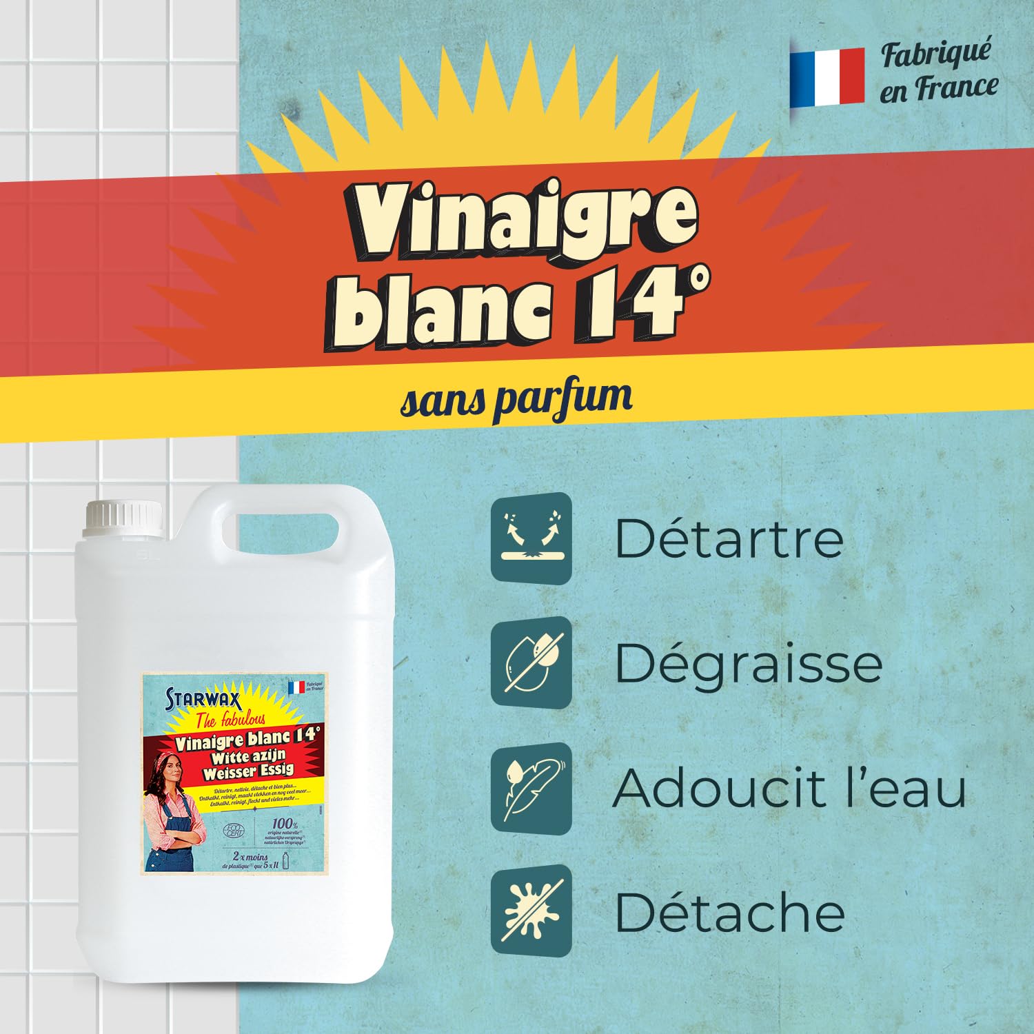 STARWAX THE FABULOUS - Vinaigre Blanc Ménager 14° - Détartre, Dégraisse, Détache et Adoucit l'Eau - Sans Parfum - 100% d'Ingrédients d'Origine Naturelle - Fabriqué en France - 5L - 2
