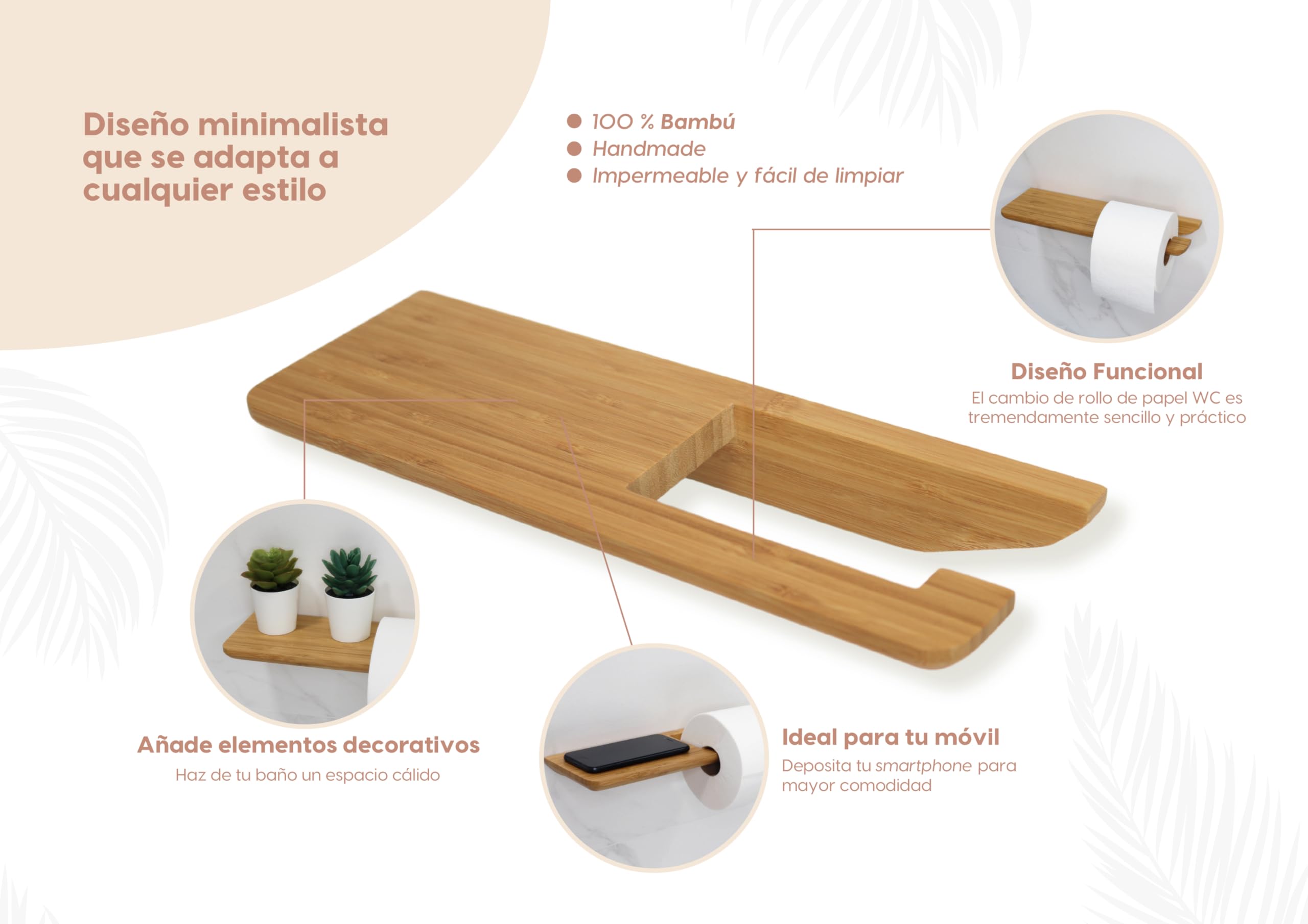 Portarrollos Papel Higiénico y Baño Sin Taladro Adhesivo | Soporte Bambu Decoración | Toilet Paper Holder | Soporte de Papel Higiénico + Toallero a Juego Disponible