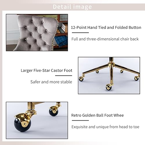 Miniatura 6 de Sillas de escritorio de oficina en casa, silla de escritorio de terciopelo gris, silla de oficina en casa, tapizada tapizada, base de metal dorado,