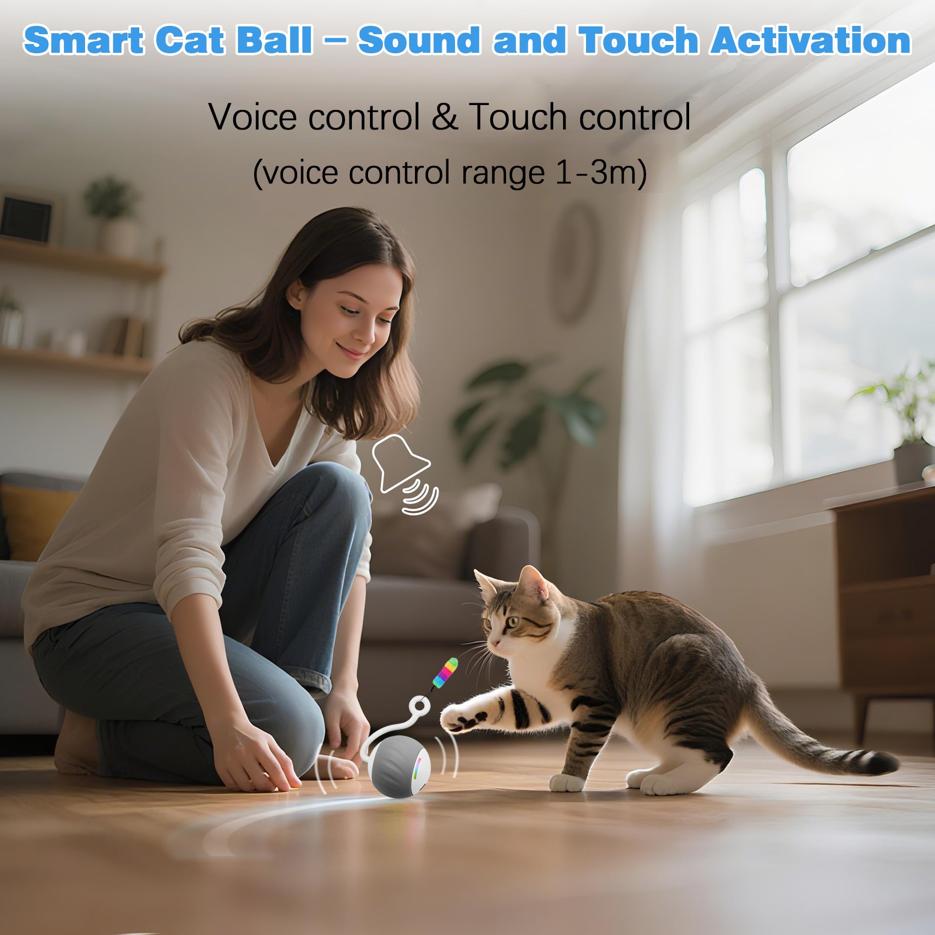 Jouets interactifs pour chats d'intérieur, contrôle intelligent tactile et sonore – Balle à 2 vitesses activées par le mouvement pour chats ennuyés avec lumières LED, queue de plumes, câble de charge