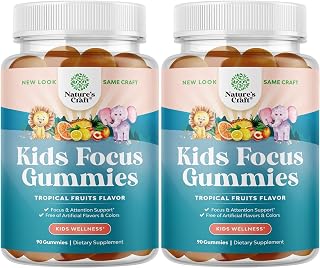 Kids Focus Gummies - Nootropics Brain Support Supplement for Kids with Green Tea Extract, B6 & B12 Vitamins for Memory and Brain Focus - Herbal Concentration Chews for Children - 90 Count - 2 Pack
