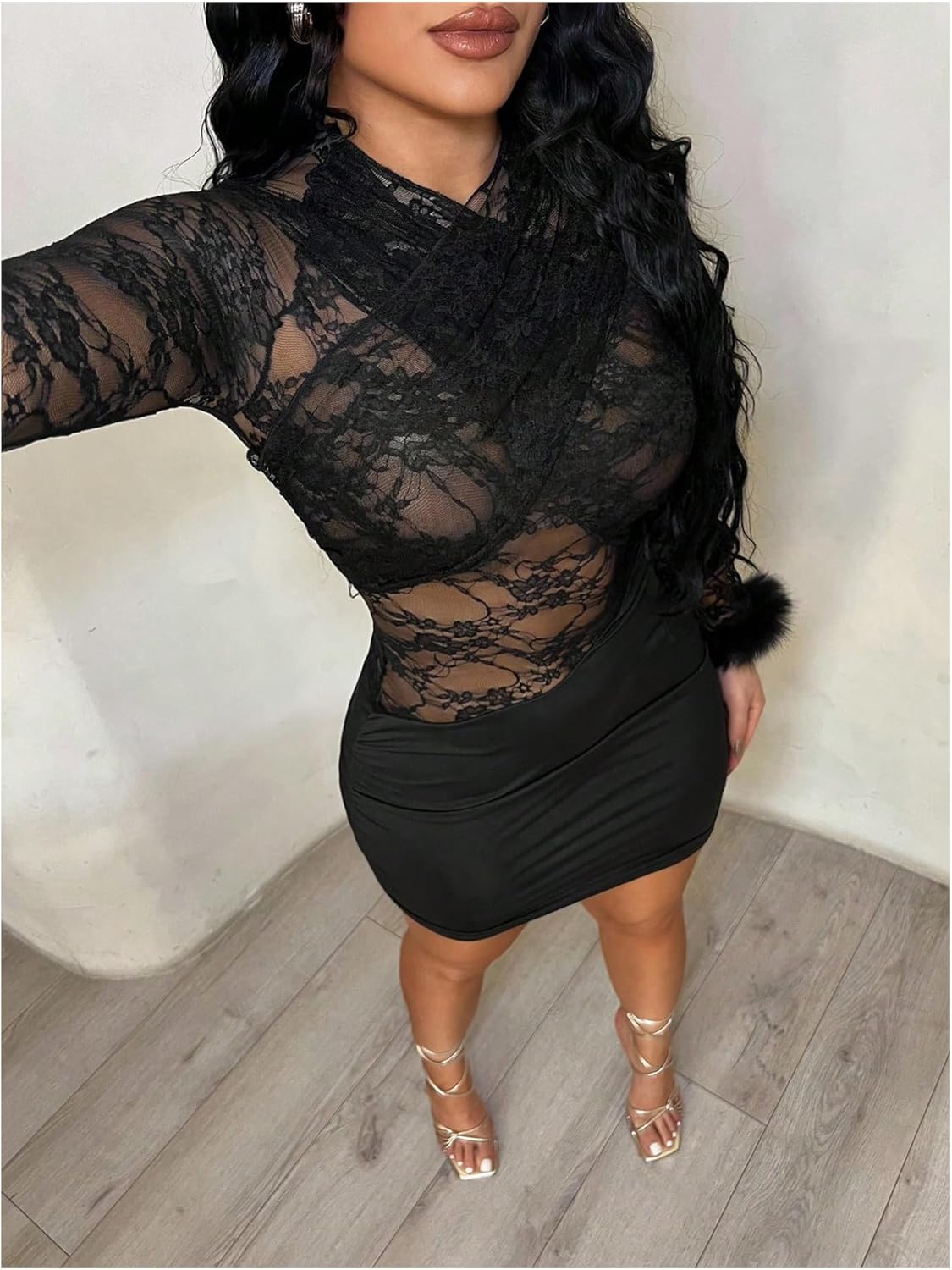 WDIRARA Women's Lace Crisscross Bodycon Dress Sheer Long Sleeve Ruched Mini Dresses - Image 5