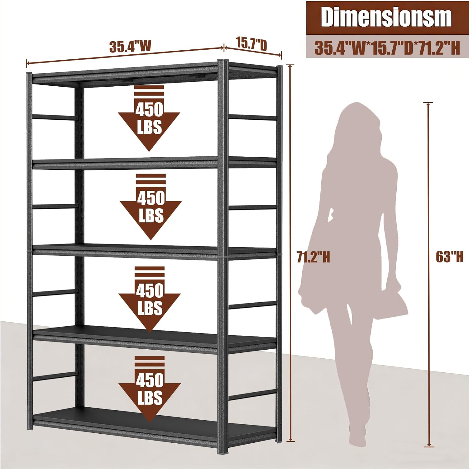 Book Shelf, Metal Storage Shelves, Adjustable Bookshelf 5 Tier Industrial Tall Bookcase, Bedroom Organization and Storage Rack Display Shelves for Living Room Home Office Pantry 35.4"W*15.7"D*71.2"H - Image 3
