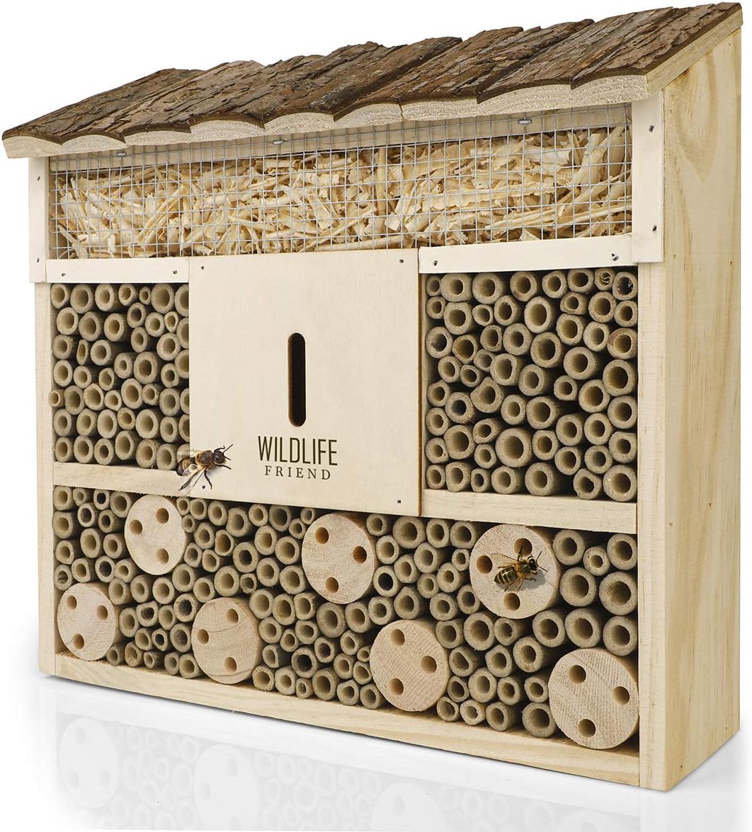 Wildlife Friend I Wooden Insect Bee Hotel with Bark Roof - House Insects, Hotel A Insects for Bees, Ladybugs, And Other Insects - Insect Hotel with Wooden Roof.