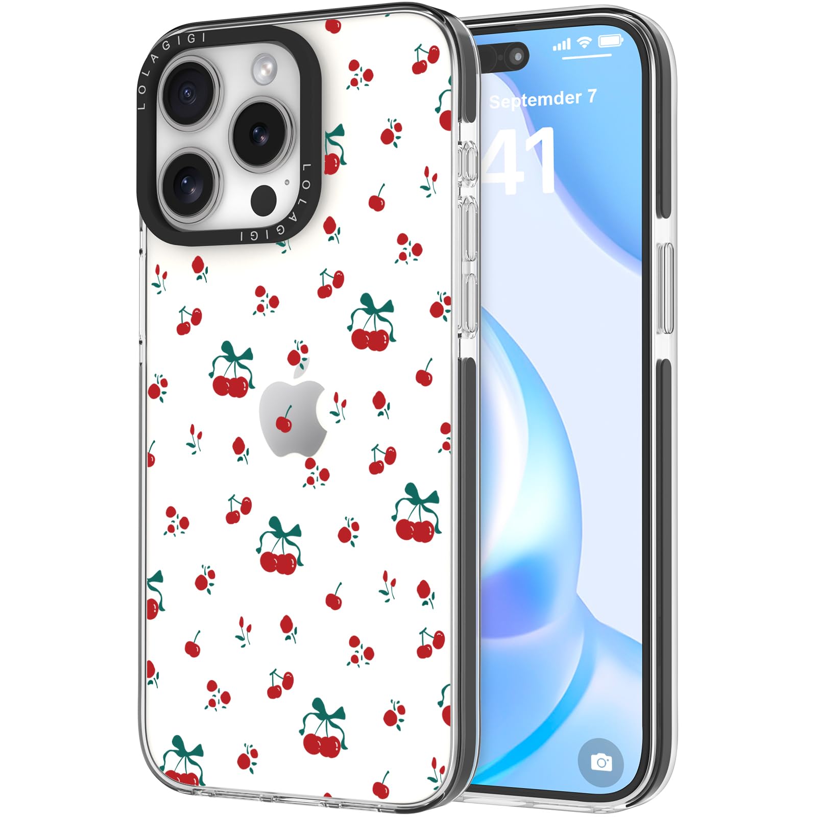 LOLAGIGI Case for iPhone 16, Cute Red Cherry Flower Kawaii Design Girly Aesthetic Cartoon Pattern for Women Girls Teens Transparent Soft TPU Case,6.1"