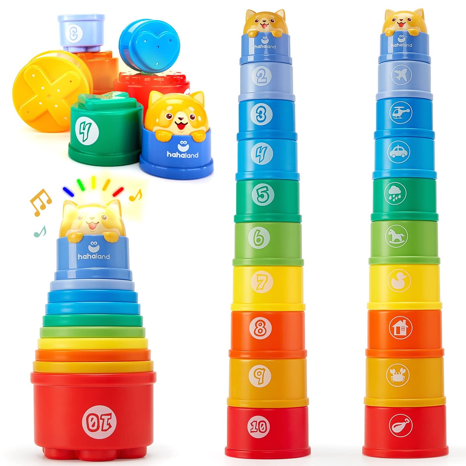 hahaland Giochi Bambini 1 Anno - Cubi Impilati Montessori con Luci, Suoni, Numeri, Forme - Giocattolo Impilabile Bambino12-18 Mesi, 10 Pezzi
