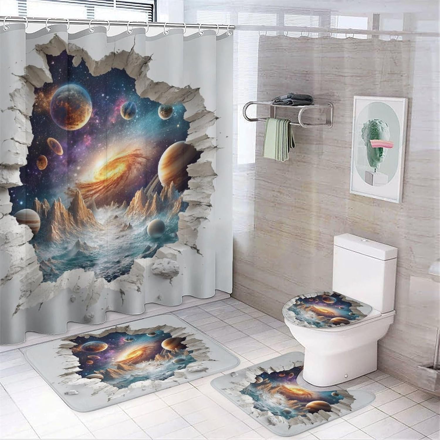 4Pcs Cosmic Planet Broken Wall Galaxy Space Rock Shower Curtain 72W X 72L, Toilet Lid Cover Non-Slip Rugs and U-Shaped Mat, Colorful Universe Bathroom Decor Set with 12 Hooks