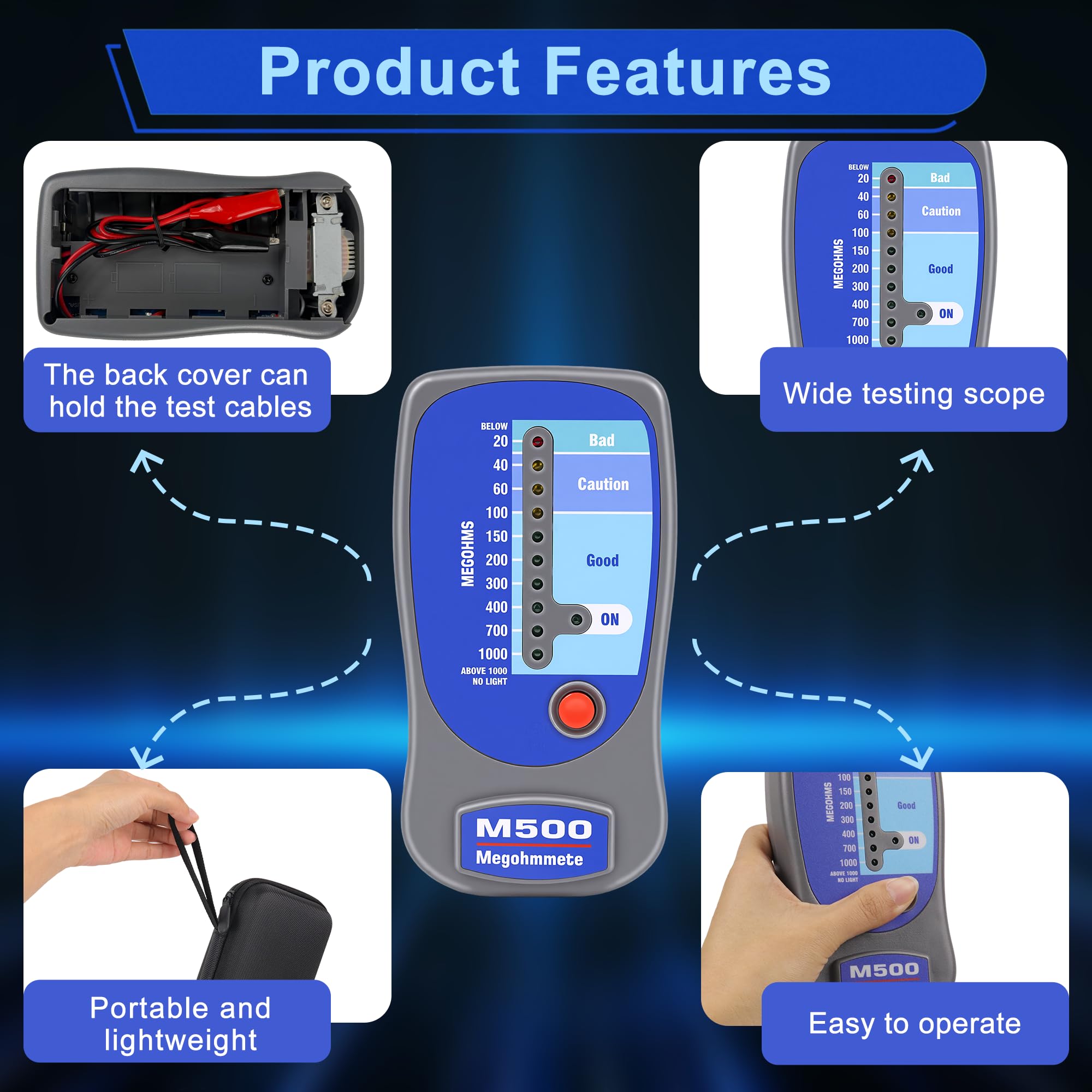 Insulation Tester Megohmmeter, 1000 Megohms at 500V, Compatible with Supco M500, Professional HVAC Tool for Compressor & Motor Windings, LED Zone Scale Indicator, Impact Resistant with Soft Case — Amazon image 5