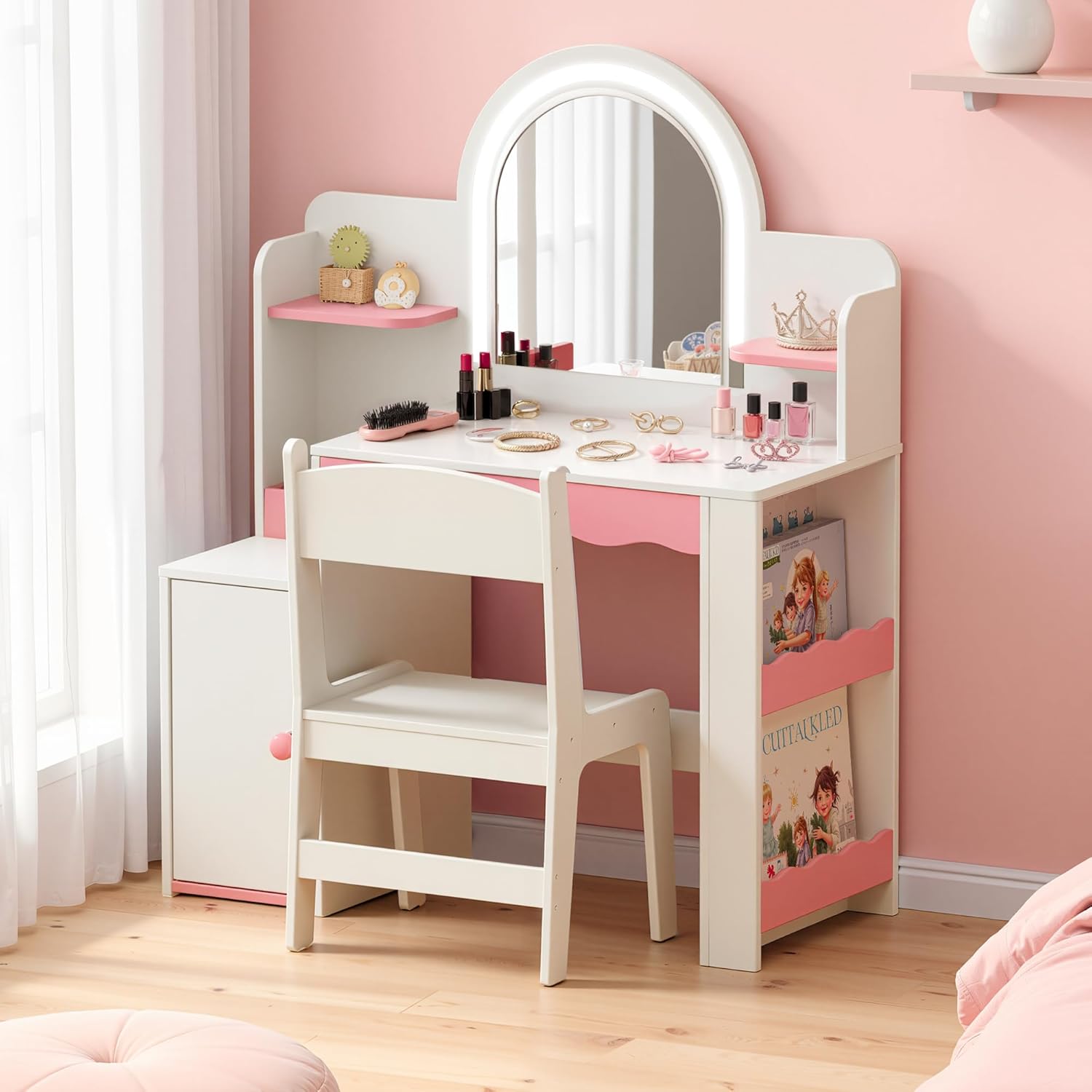Kids Vanity with Lights and Chair Set, Princess Vanity Table for Girls, Toddler Makeup Vanity with LED Mirror and Open Storage Shelves, White Pink Furniture for Bedroom Playroom