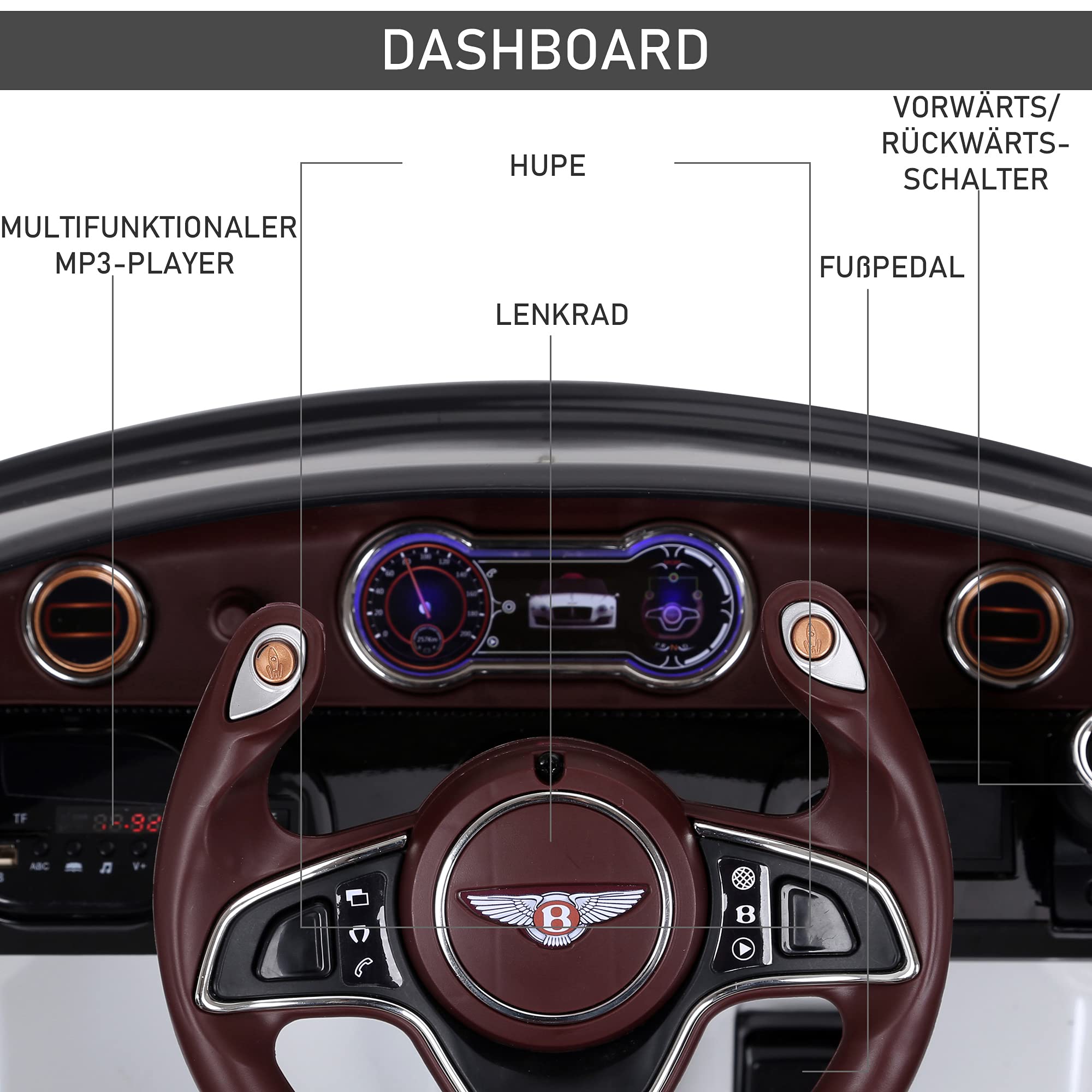 HOMCOM Kinder Elektroauto Bentley GT Lizenziert 108 x 60 x 43 cm Weiß | Elektrisch Kinderauto, 2,4G-Fernbedienung, MP3, Musik, Hupe, LED-Leuchten, Elektroauto Kinderfahrzeug, für 3-5 Jahre