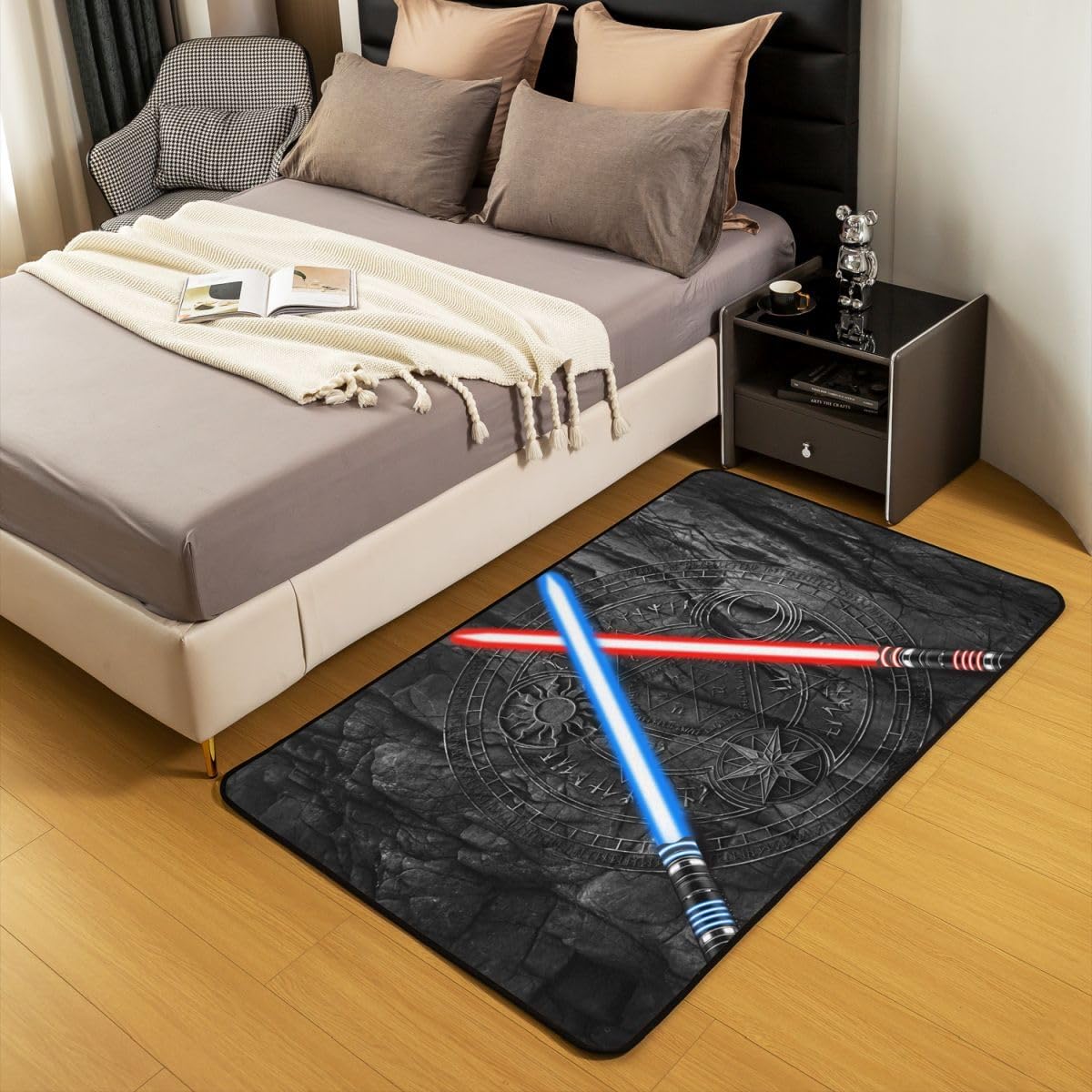 Castle Fairy Lightsaber Area Rug 3'x5', 3D Neon Blue Red Non Slip Rug for Kids Teen Boys Women Men,Fashion Vintage Stone Indoor Floor Mat for Dining Room Backyard Decor