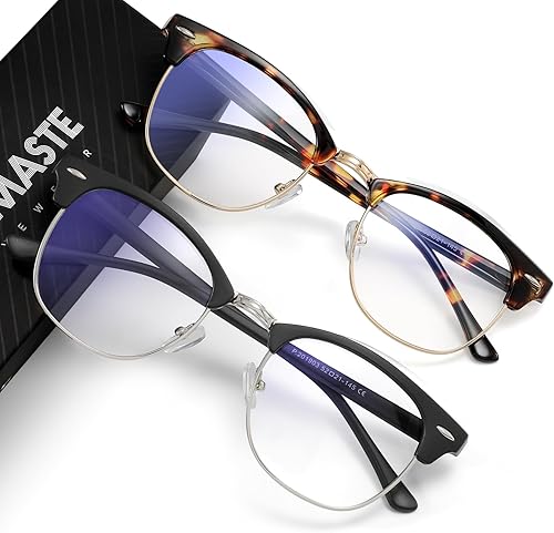 Vista 52 de Lentes de bloqueo de luz azul, vintage, medio marco, lente transparente UV, antifatiga ocular, gafas de juegos para computadora para mujeres