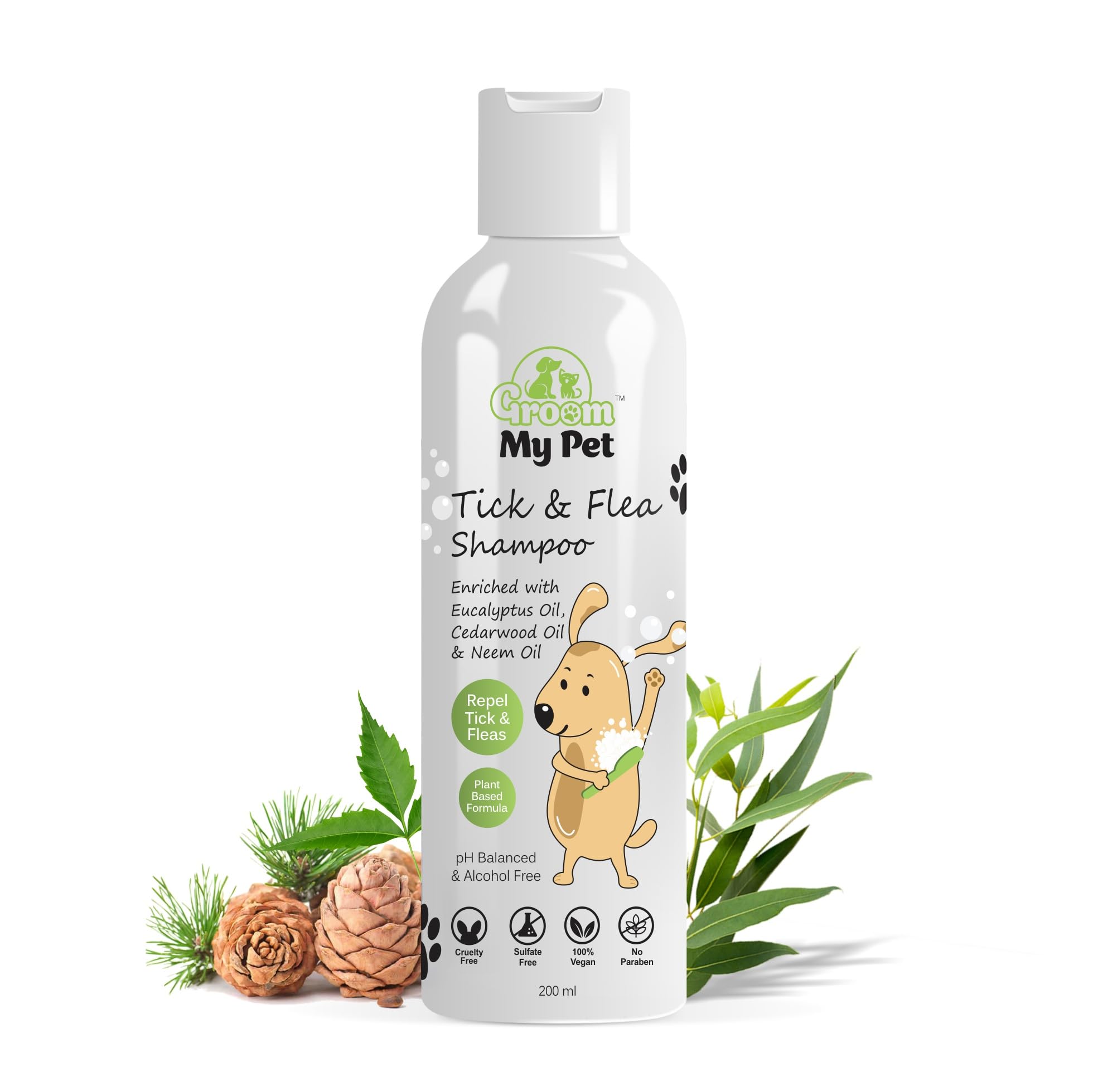 Tick & Flea Shampoo-200ml | Repel Tick & Fleas | pH Balanced & Alcohol Free | Eucalyptus, Cedarwood & Neem | for All Breeds & Sizes of Dogs | Anti-bactrial & Anti-fungal