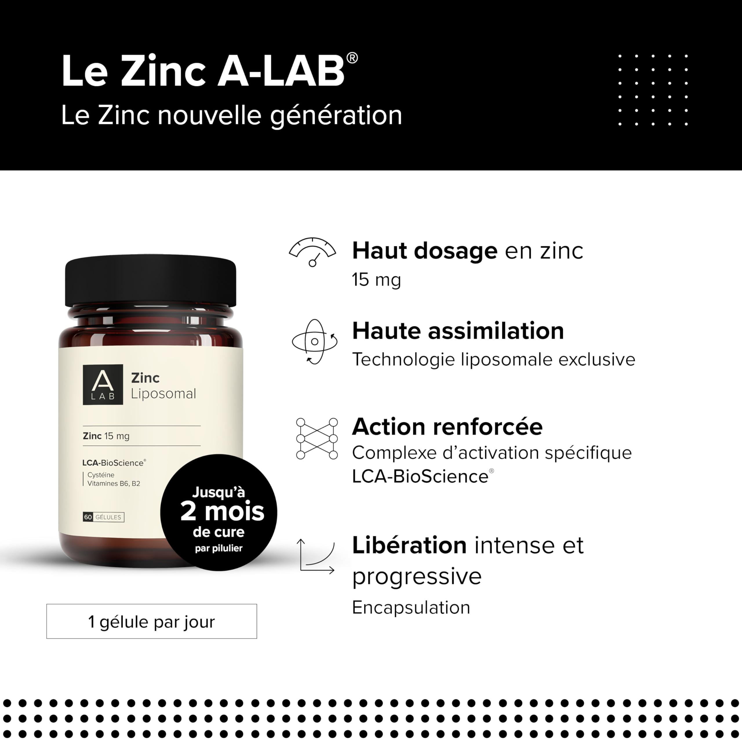 A-LAB Zinc Liposomal 15 mg - Assimilation Renforcée - Complément Alimentaire Immunité, Peau, Cheveux, Vision, Acné - 60 jours de prise - Fabriqué en France