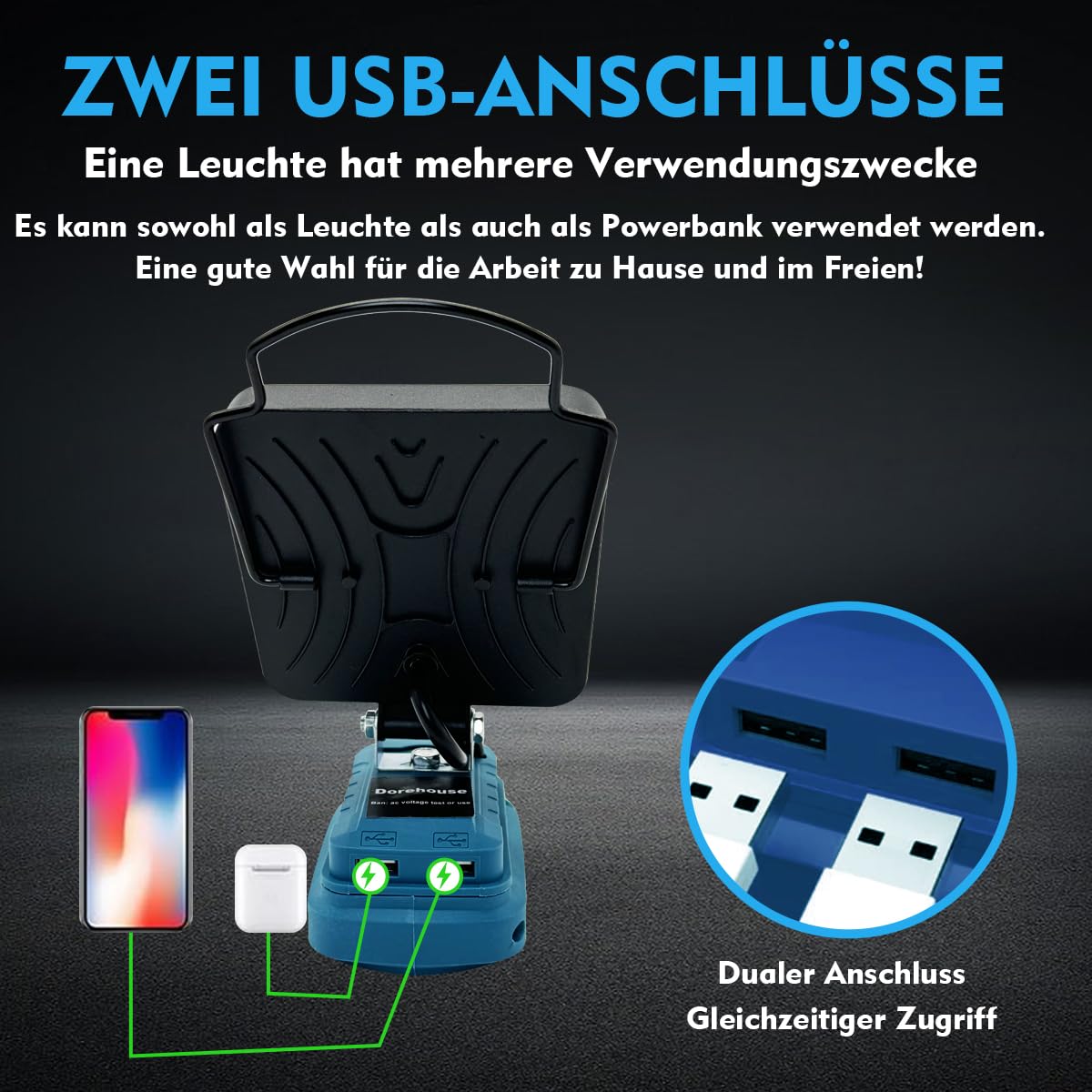 Lampa akumulatorowa do akumulatora Makita 18 V, 48 W, 4800 lm, lampa robocza LED, reflektor przenośny reflektor na plac budowy, z 2 USB, na kemping, naprawy samochodu, zamiennik do Makita DML816 (bez