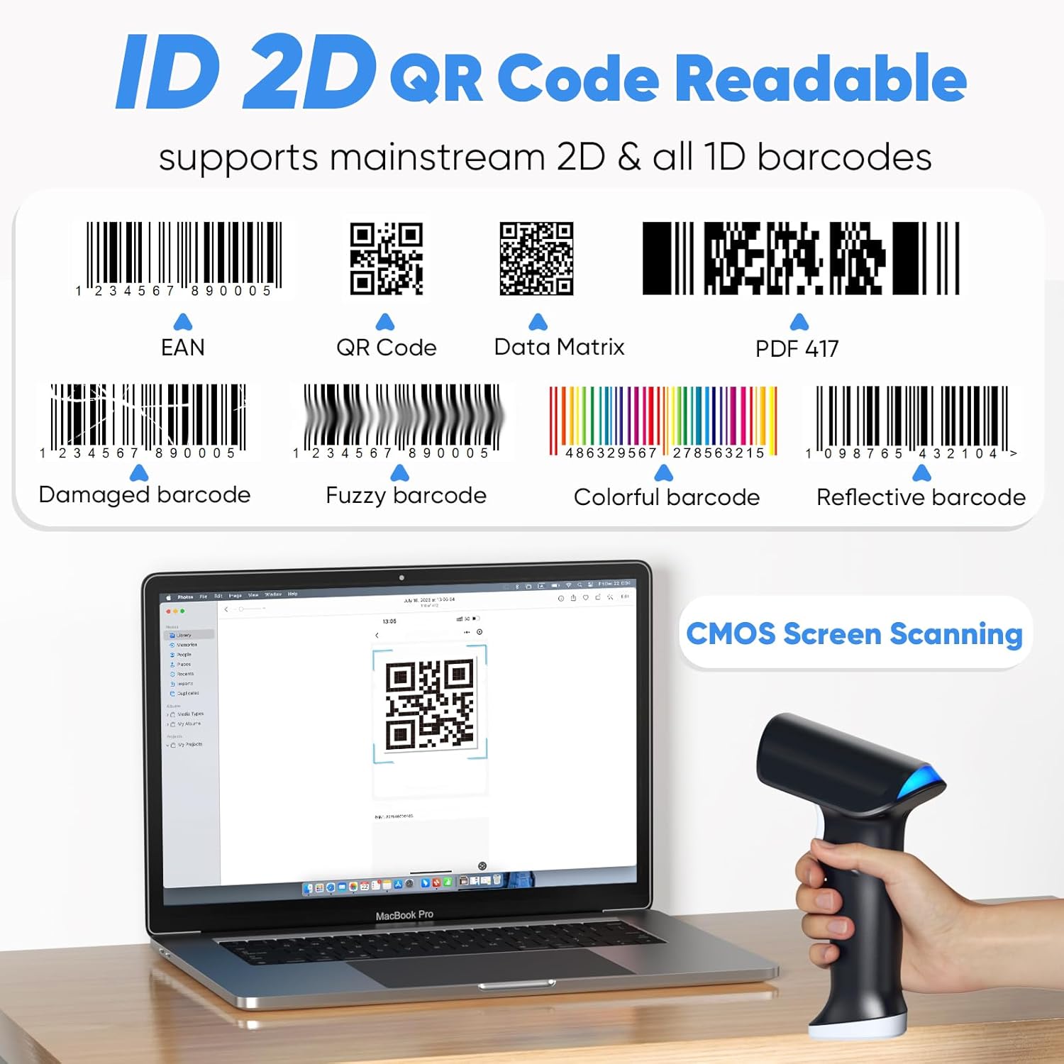 Diagram showing various 1D and 2D barcode types supported, including damaged, fuzzy, colorful, and reflective barcodes, and screen scanning capability