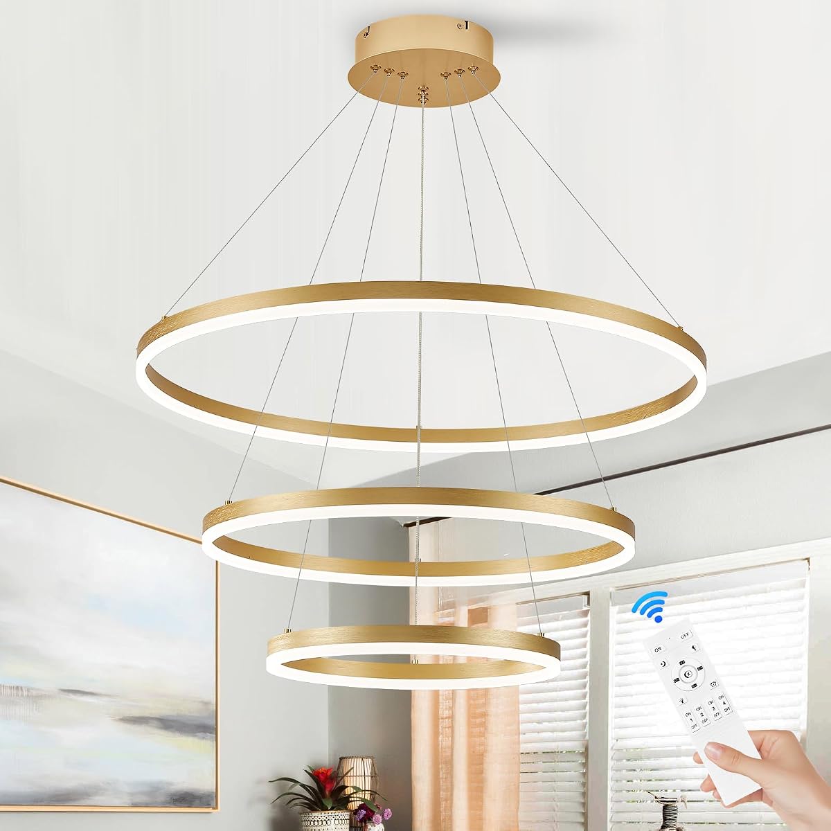 Benkut Modern LED Chandelier, 3 Ring Pendant Light, Dimmable, Gold, Remote