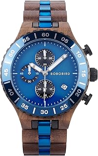 Men's Wooden Watch Chronograph Quartz Watch with Date Display, 43mm Large Dial, Luminous Hands, Natural Wood & Stainless Steel Wristwatch – Gift for Him