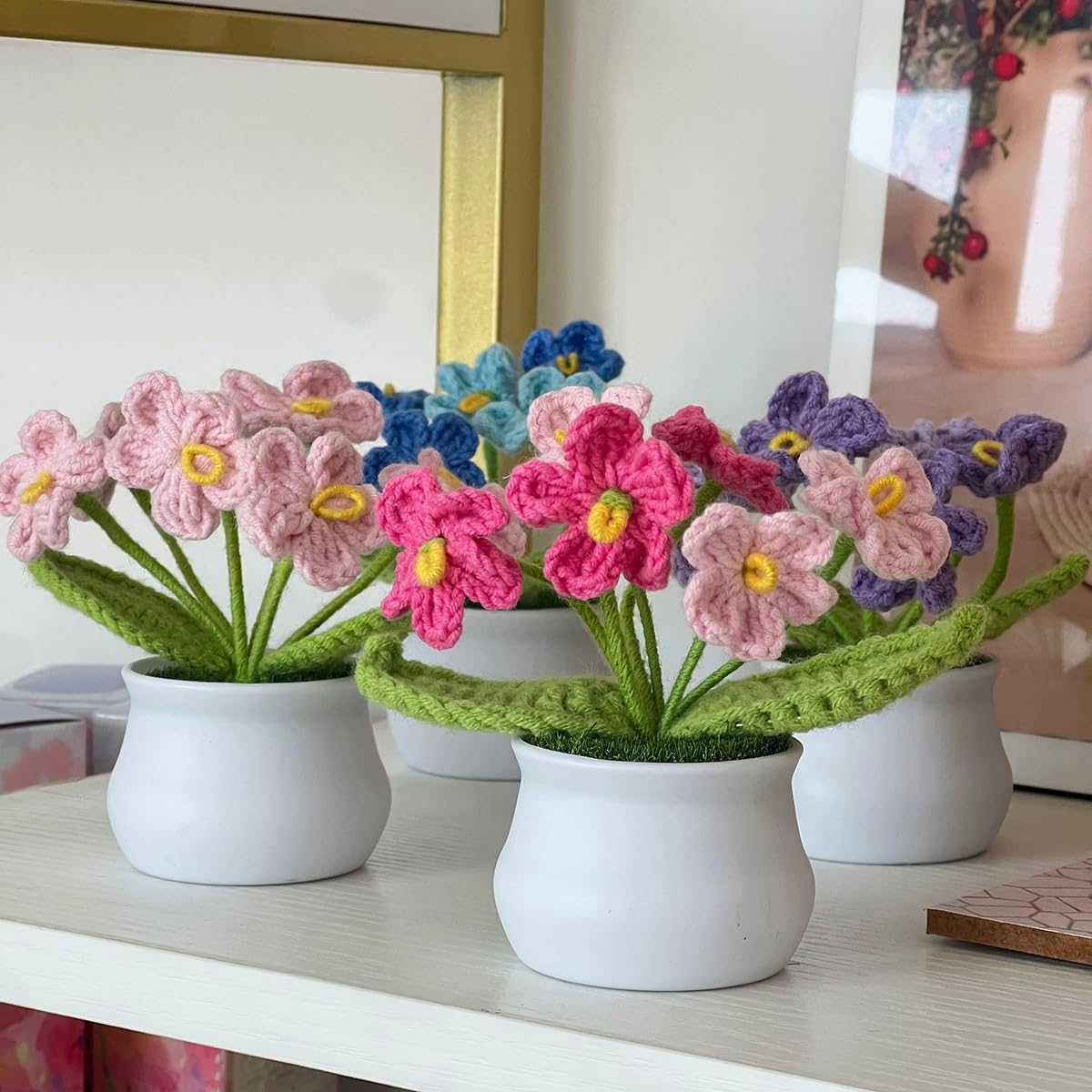 Handmade Crochet Forget-Me-Not Artificial Flowers - No Maintenance Potted Plants for Home Decor, Wedding & Birthday Gifts (Gradient Pink) - Image 7