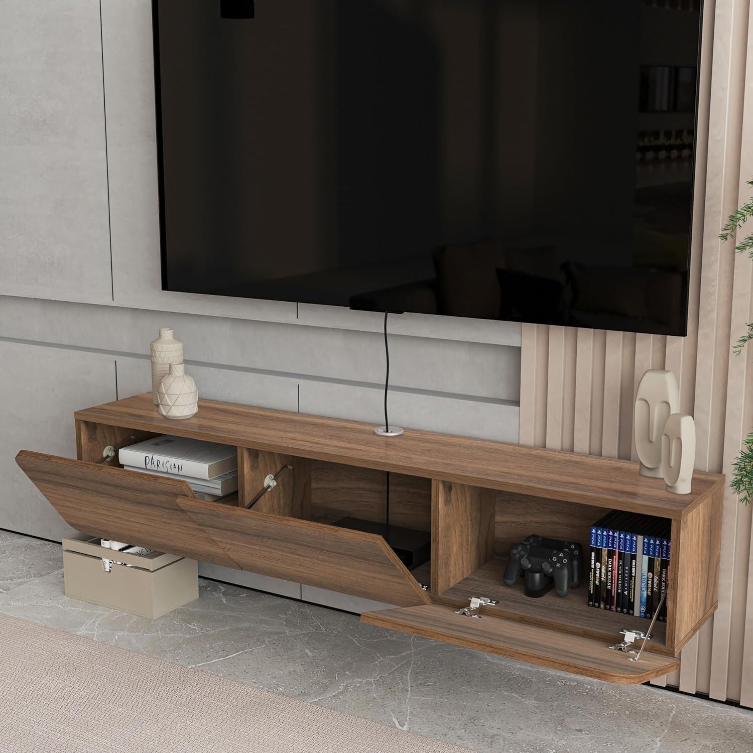 HomeStock Floating TV Stand Wall Mounted Entertainment Center for TVs up to 80 Inch Oak Finish Walnut