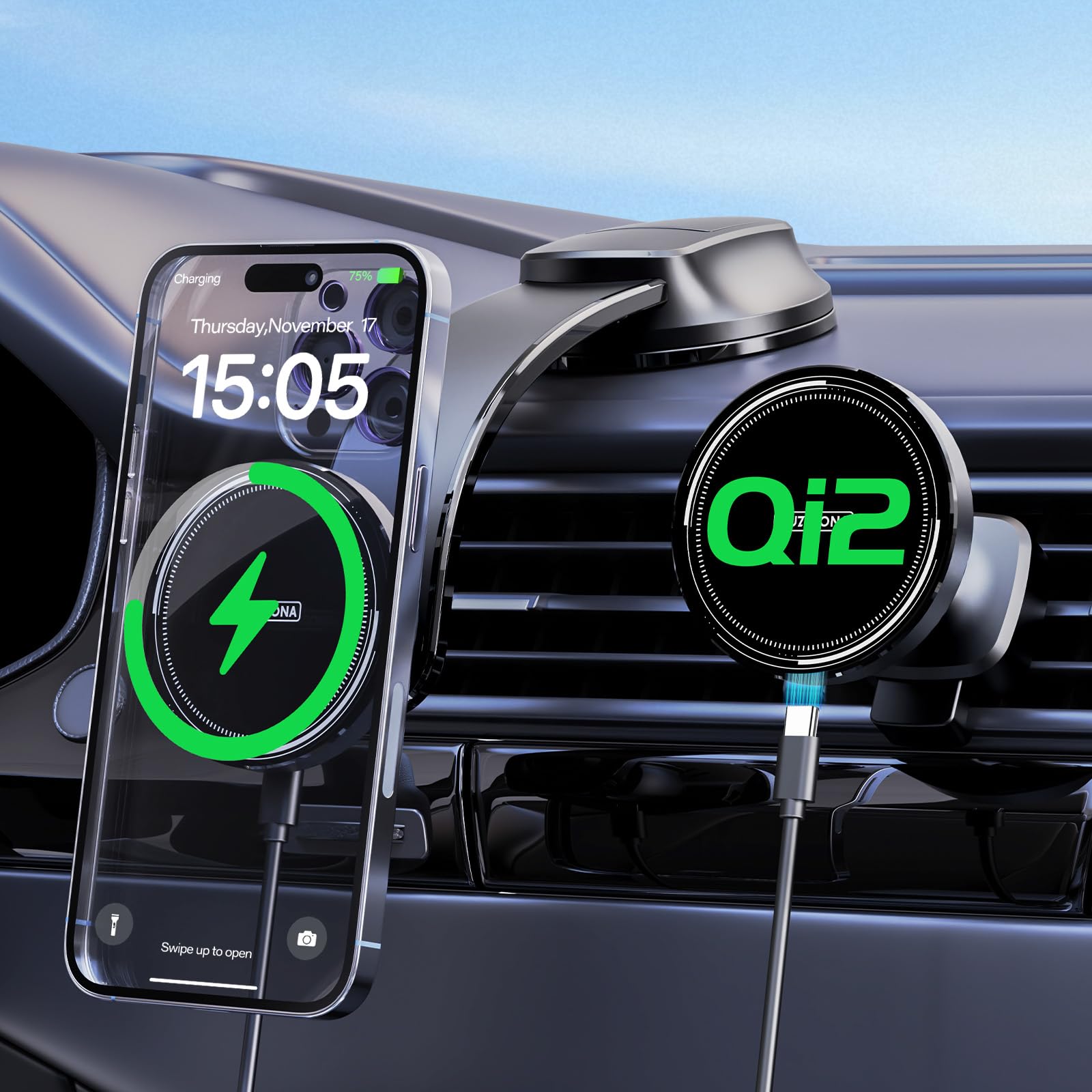 15W Chargeur Induction Voiture, Support Telephone Voiture Induction, Qi2 sans Fi, aimants N52(1300g), Support Telephone Voiture Chargeur pour Grille d'Aération/Pare-brise, Supports Magnétiques Voiture