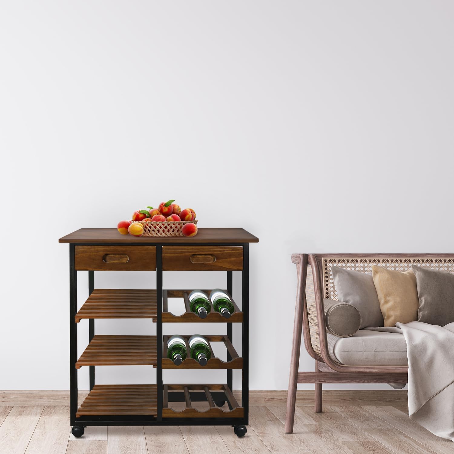 Casual Home Solid Wood 28" Wide l 4-Tier Rolling Kitchen Island Trolley with Wine Rack and Drawer, Mocha/Black