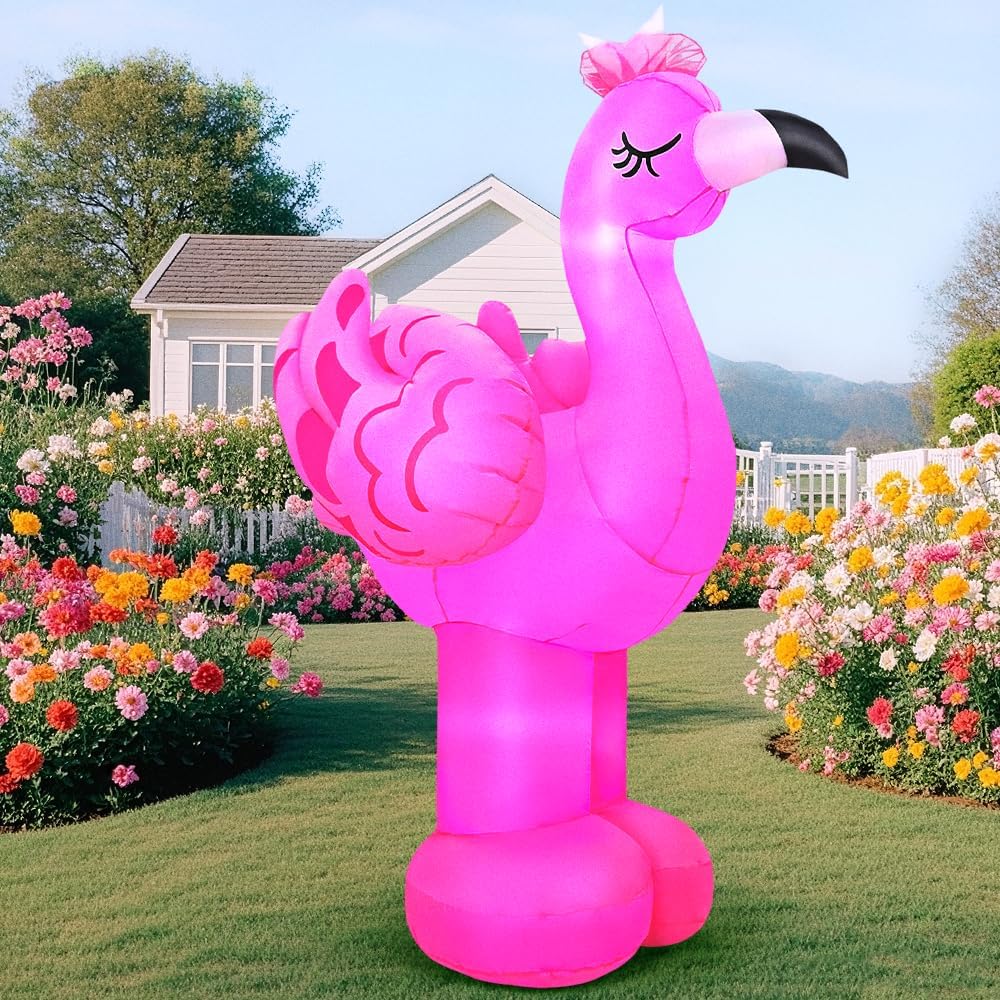 KOOY 6FT Easter Inflatable Flamingo Decoration, Spring Fairy Garden Enchanted Forest Party Decor, LED Blow up Luau Hawaiian Beach Decorations for Tiki Holiday Beach Party Tropical Lawn Yard