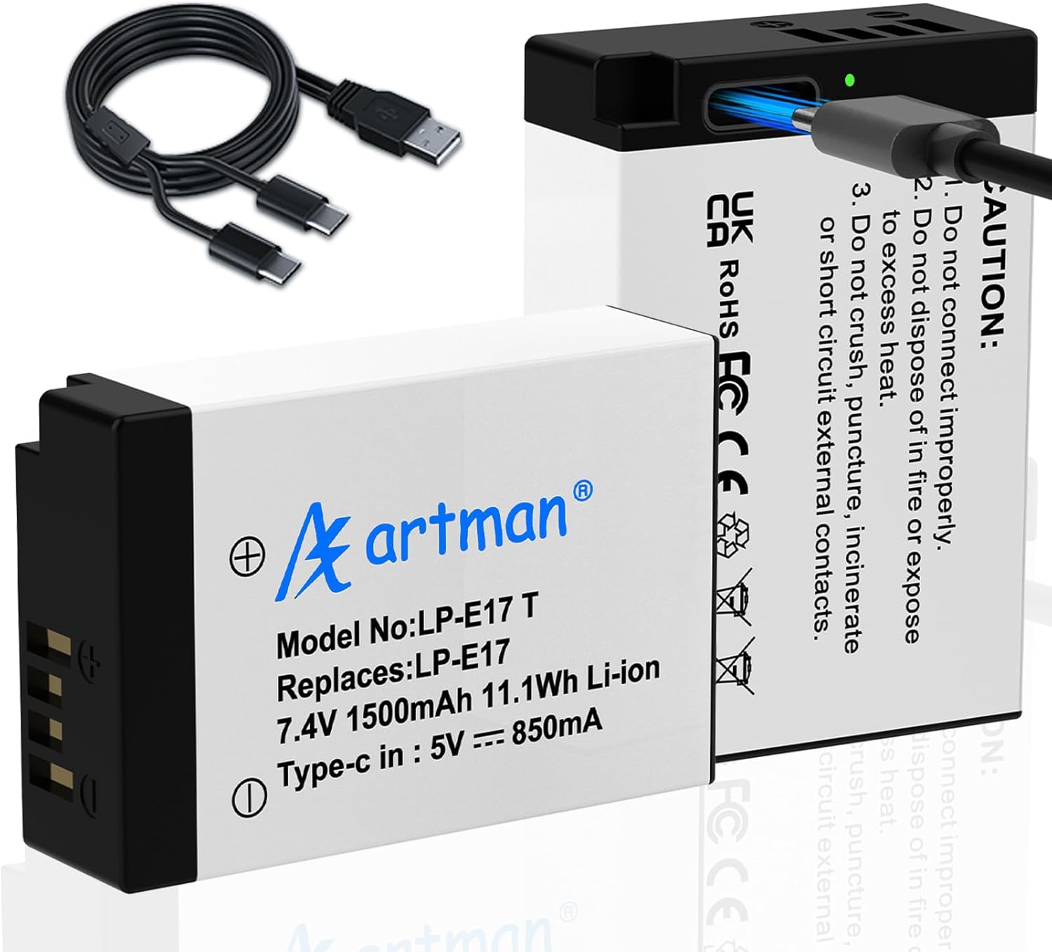 Artman LP-E17 Battery 2-Pack Upgraded 1500mAh with Type-C Direct Charging Port for Canon EOS R100 R50 R10 R8 RP, Rebel T8i T7i T6i T6s, SL2 SL3 EOS M3 M5 M6, 77D 200D 250D 750D 760D 800D 8000D Camera