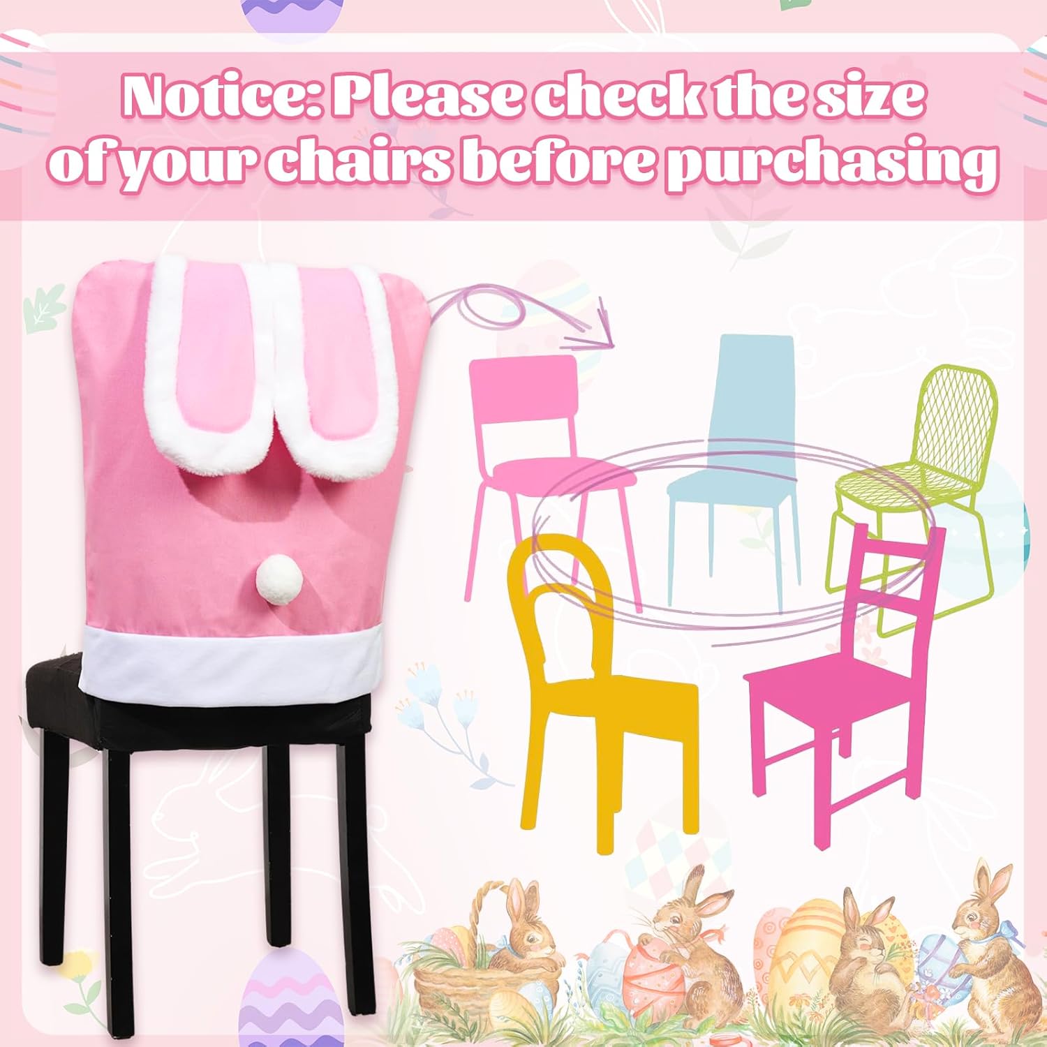 AnyDesign 4 Pcs Easter Bunny Chair Back Covers Dining Chair Slipcovers Pink Rabbit Ear Tail Removable Stretch Seat Protector Covers for Spring Party Home Kitchen Decor