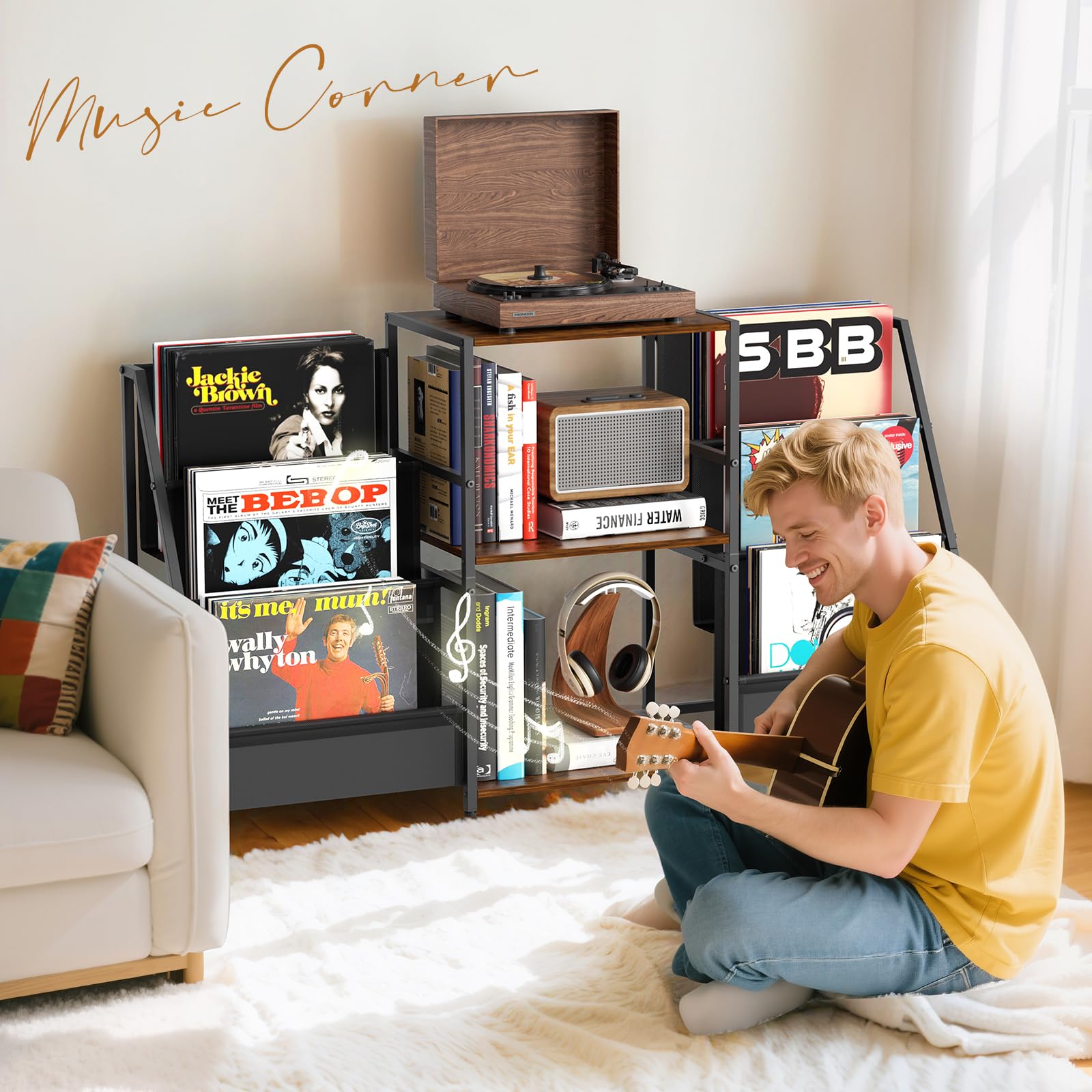 Plateau pour platine vinyle, support pour disques vinyles, support pour disques vinyles avec lecteur vinyle pour jusqu'à 300 albums, plateau pour platine vinyle avec lecteur multimédia vinyle
