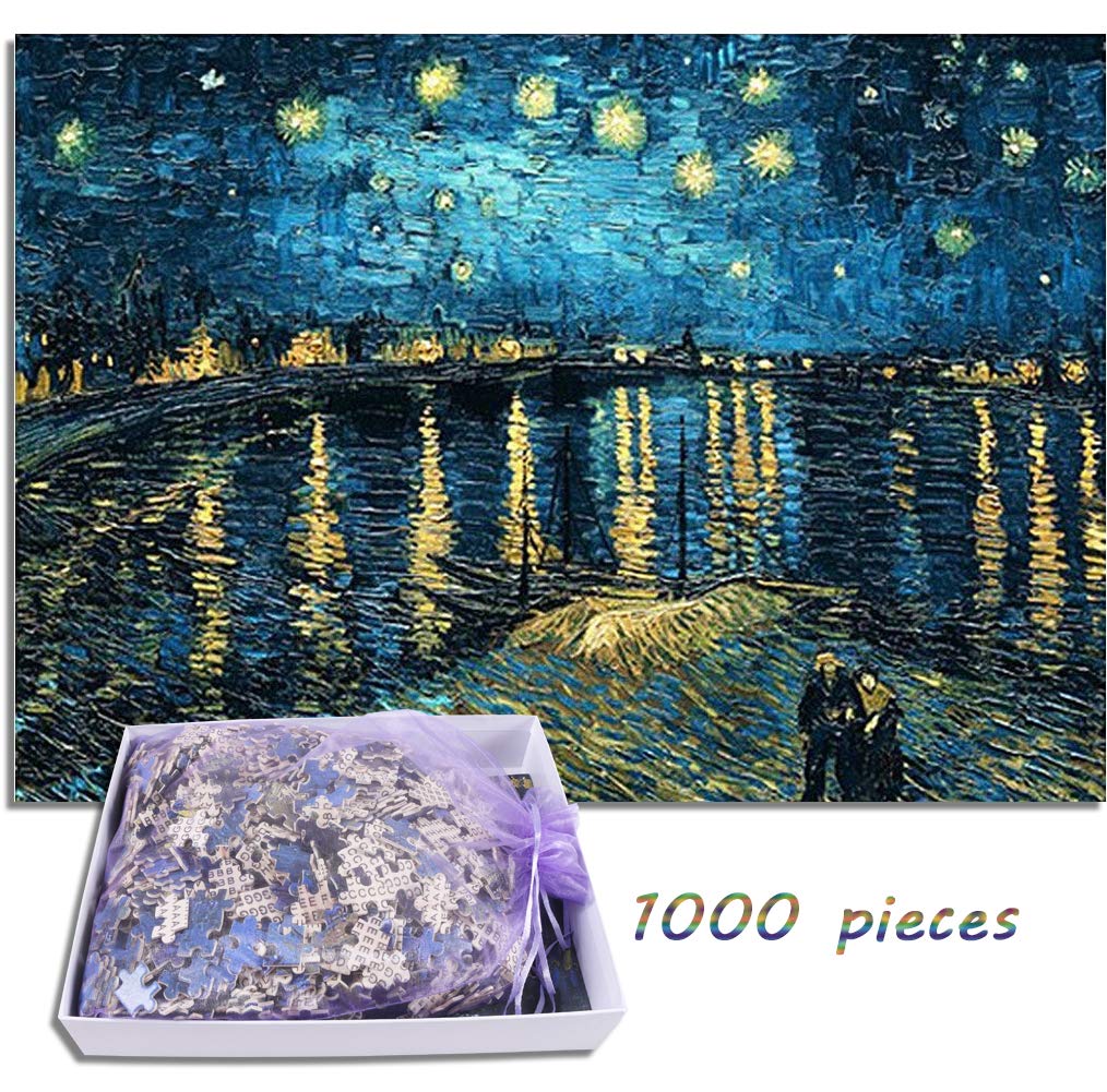 Wooden Jigsaw Puzzles 1000 Pieces for Adults, Scenery Landscape Jigsaw Puzzles, Entertainment DIY Toys for Creative Home Decor (Starry Night on River, 30X20 Inch)