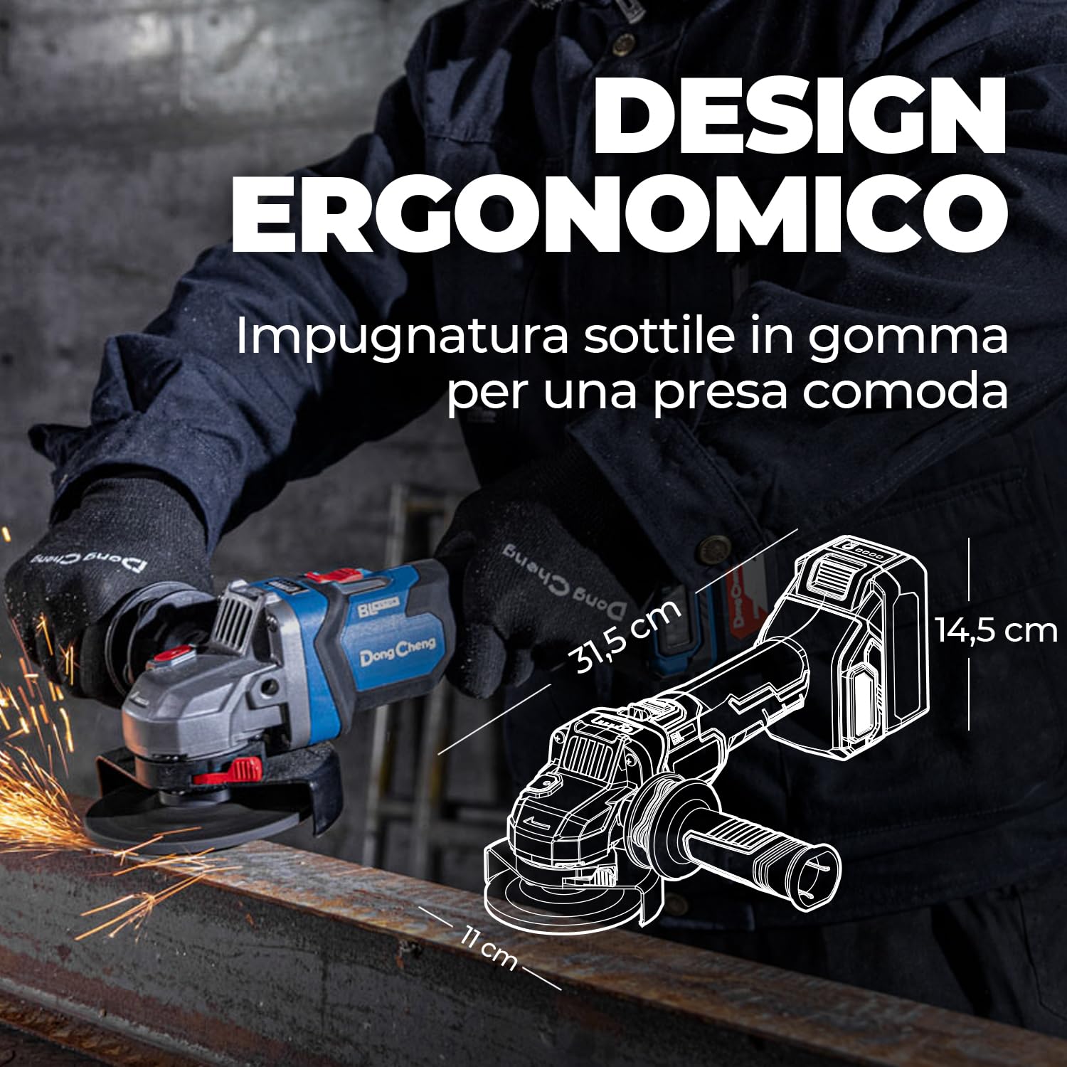 DongCheng Smerigliatrice angolare a batteria 20V 125 mm, 1000 W, 2x4.0Ah | Motore senza spazzole, 3 velocità, cuffie a sgancio rapido, impugnatura antivibrante, 2 dischi da taglio, lamellari T27 e T29