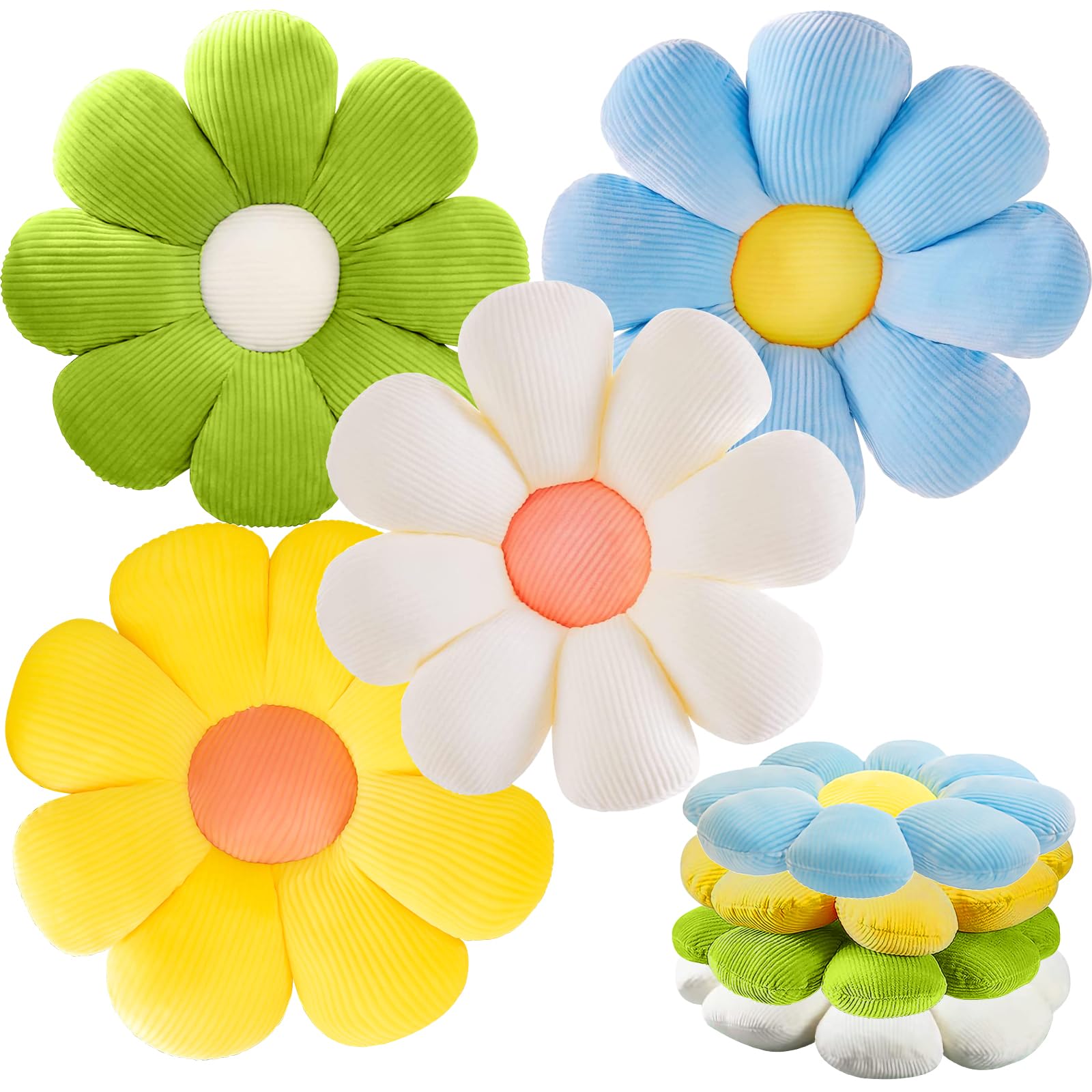 4 cuscini a forma di fiore per pavimento, graziosi cuscini da seduta per letto, cuscini decorativi a forma di fiore, per auto, casa, divano, sedia e pavimento (blu, bianco, giallo, verde)