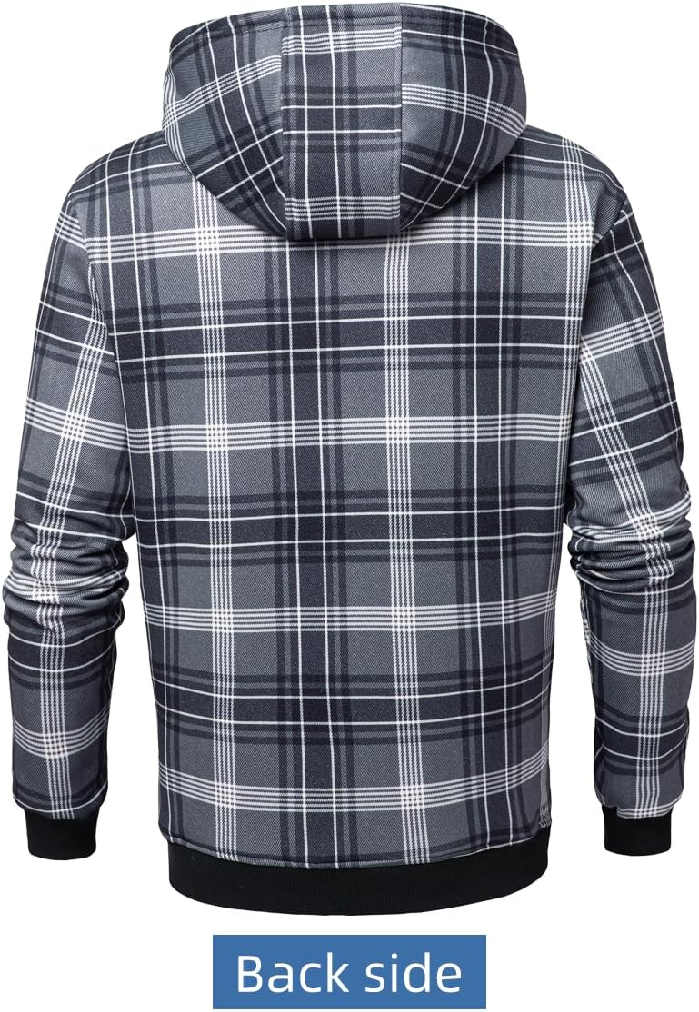 Men's Plaid Fleece-Lined Hoodie Jacket, Winter Sherpa Zip Up Coat with Pockets, Warm Flannel Shacket for Outdoor Casual