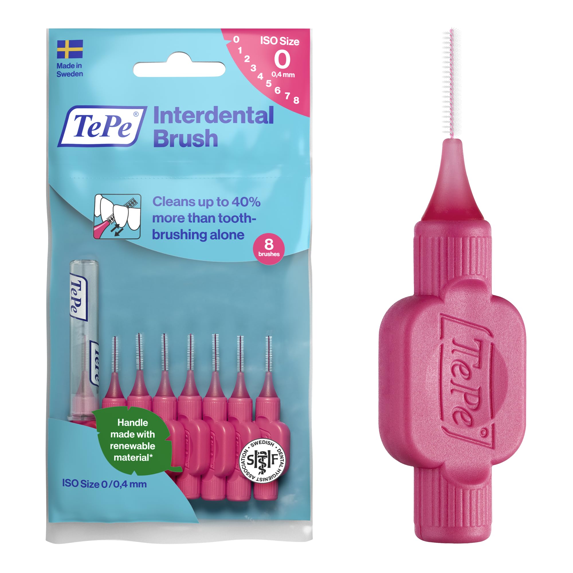 TePe Interdental Brush, Original, Pink, 0.4mm/ISO 0, 8pcs, Plaque Removal, efficient Clean Between Teeth, Tooth Floss, for Narrow Gaps