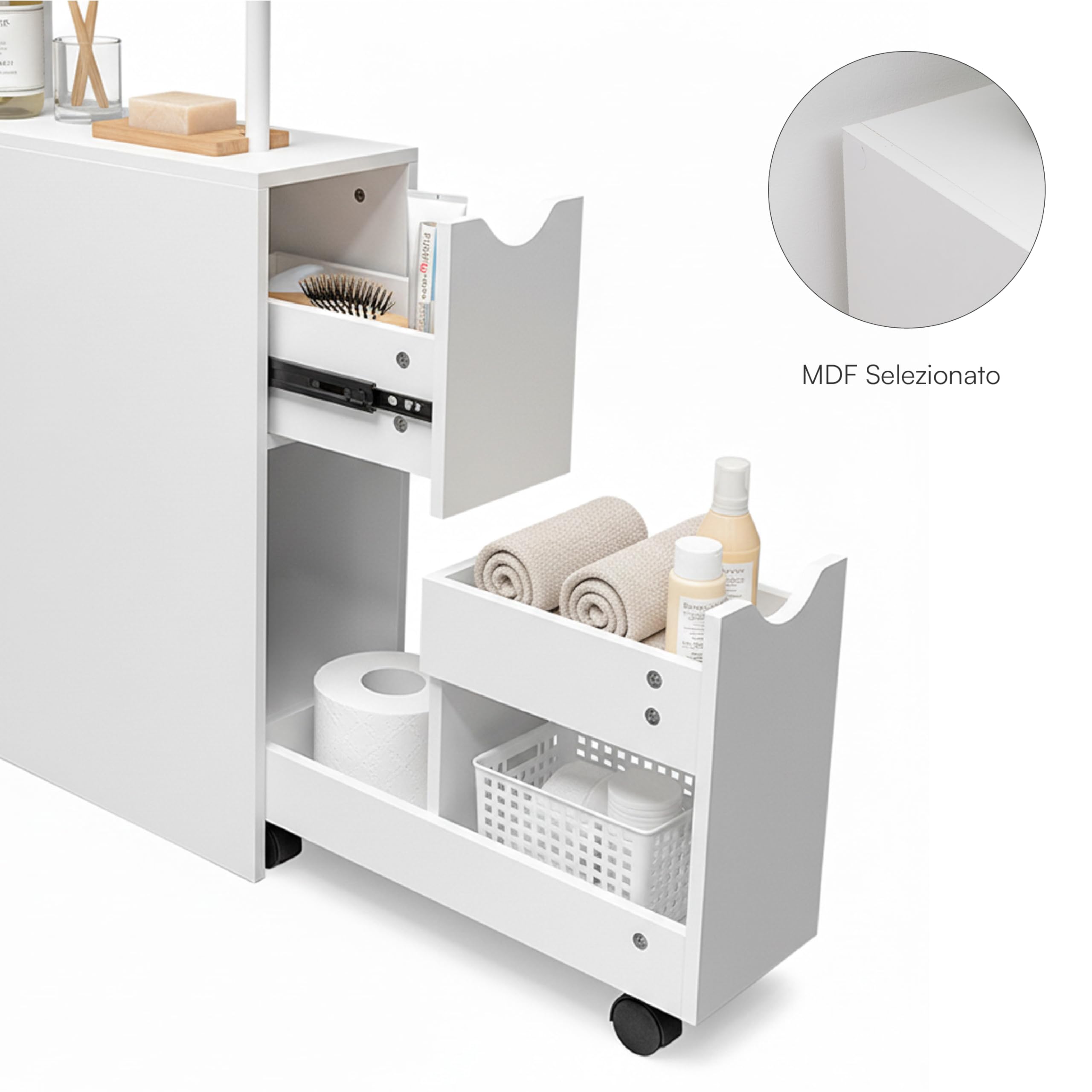 Baroni Home Columna de baño que ahorra espacio, mueble alto con estantes abiertos y cajones, multiusos, columna moderna para baño, cocina y dormitorio, 45 x 15 x 113 cm, 3 estantes y 2 cajones, color - 4
