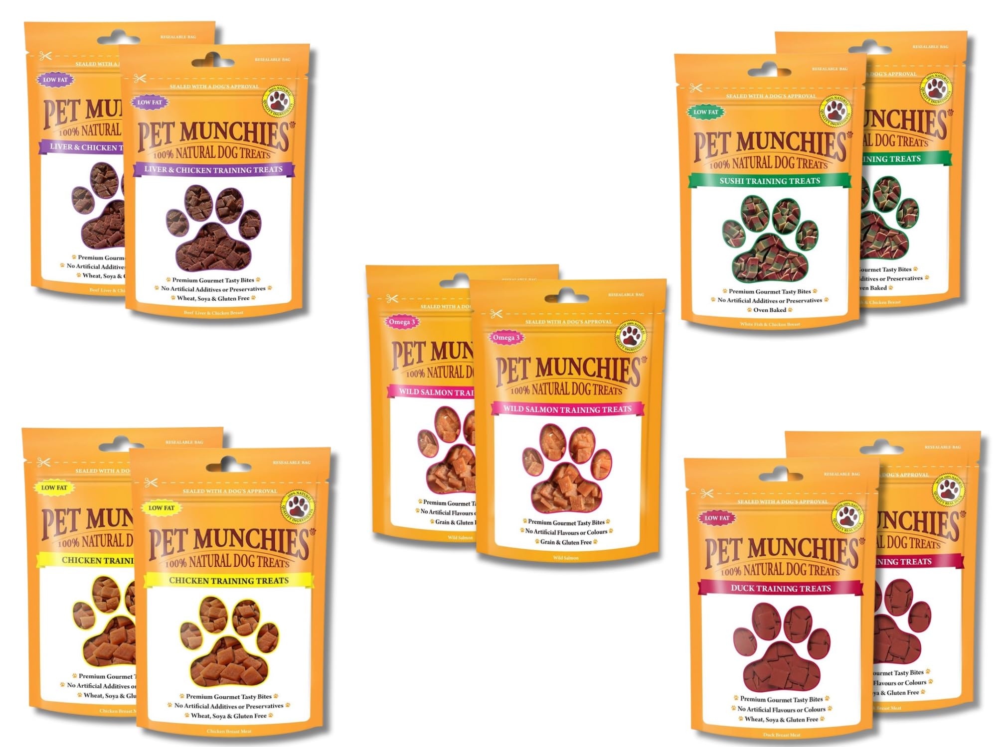 Pet Munchies Training Treats Mixed Pack of 10 Salmon, Chicken & Liver, Duck, Sushi - All 5 varieties pack BQS UK Trademark