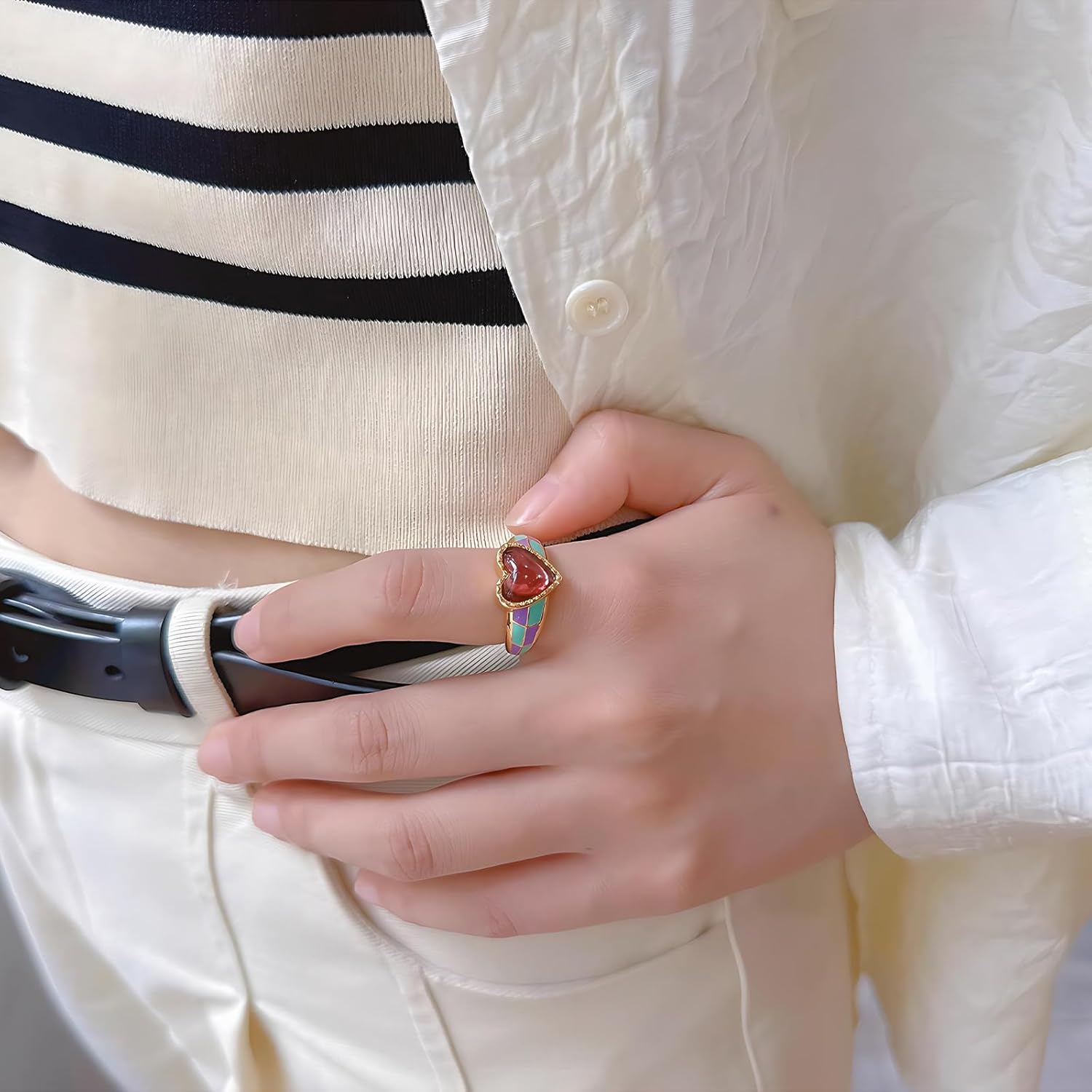 Gold Heart Open Ring with Pink Gemstone, Colorful Enamel Adjustable Retro Statement Ring for Women