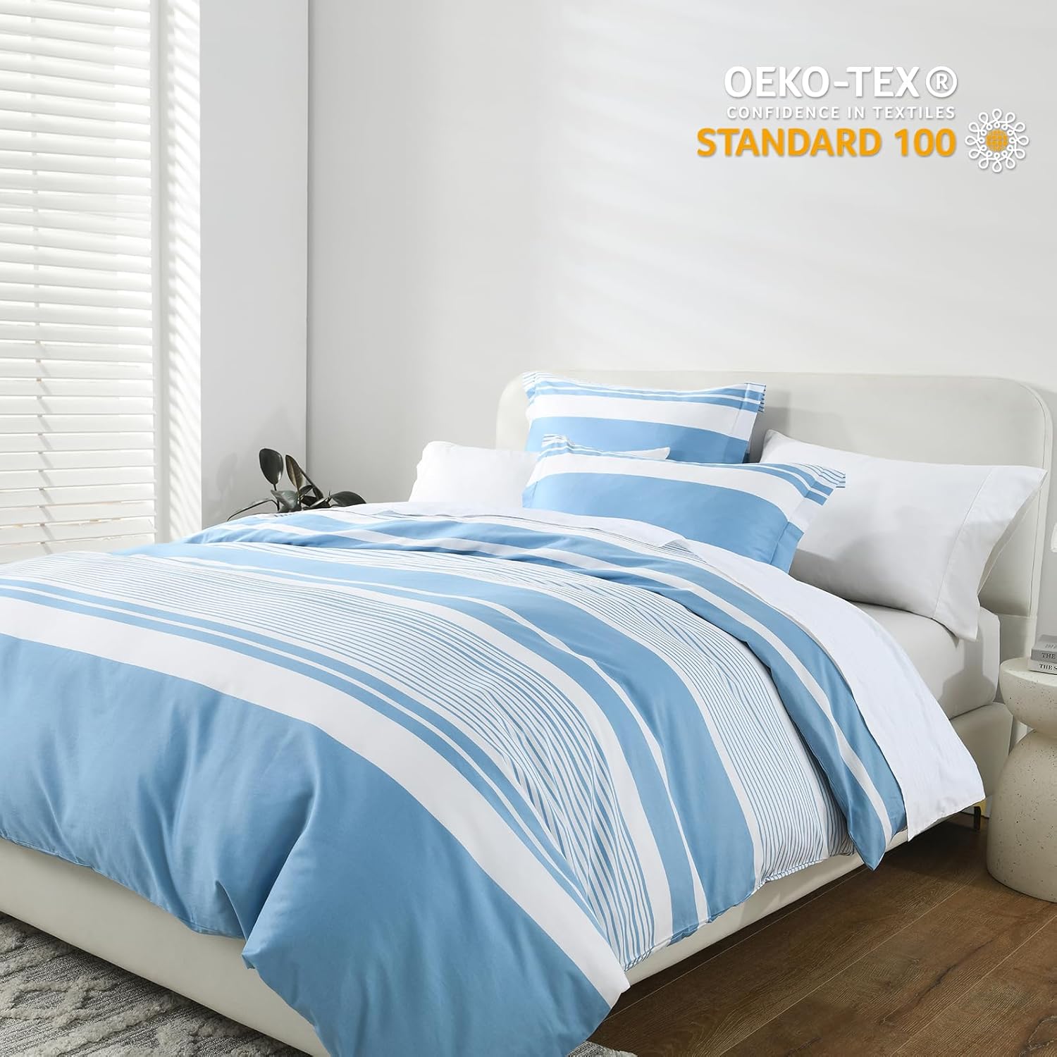 CozyDH Duvet Cover Queen Size - 400 Thread Count 100% Cotton Queen Duvet Cover Set, Soft Lightweight 3PCS Striped Bedding Set with Zipper Closure 8 Ties(Blue, 90'' x 90'', No Comforter)