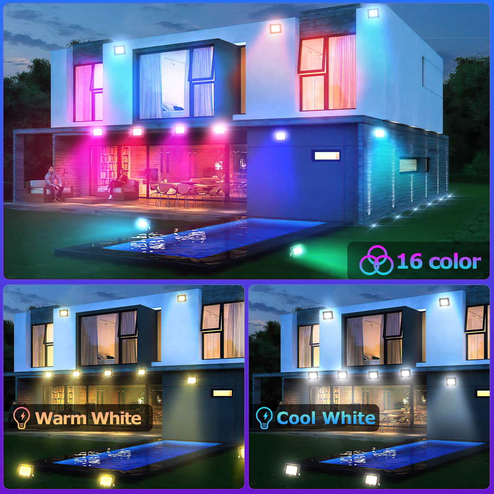 RGB Strahler, 8er 50W Bunt Dimmbar Fluter mit Fernbedienung, LED Scheinwerfer 16 Farben 4 Modi, Farbwechsel Fluter Memoryfunktion, IP66 Wasserdicht für Aussen Innen (kein Stecker)