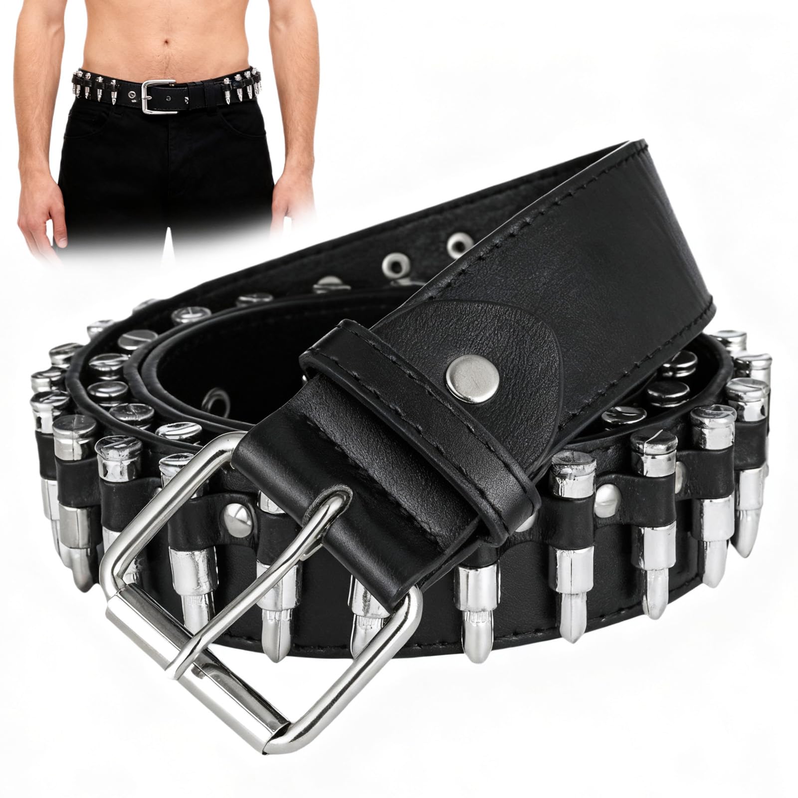Nocecfi Unisex Black Studded Bullet Belt - Y2k Gothic Punk Belt For Men & Women, Emo Rivet Leather Belt, Edgy Alt Accessory For Jeans, Dresses & Daily Wear