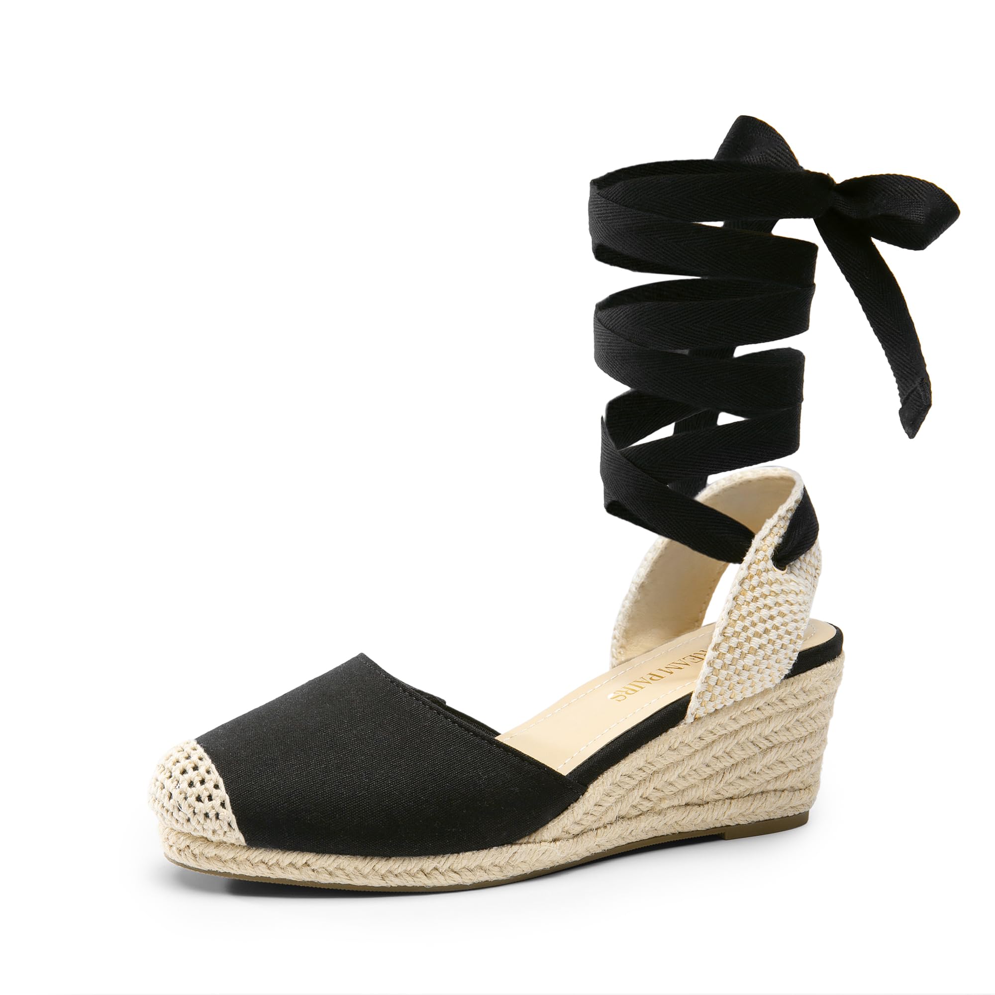 DREAM PAIRS Alpargatas para Mujer con Plataforma, Sandalias de Cuña Puntera Cerrada con Correa Elástica al Tobillo,Size 25.0 cm,Negro/Beige-Lona,SDPW2405W
