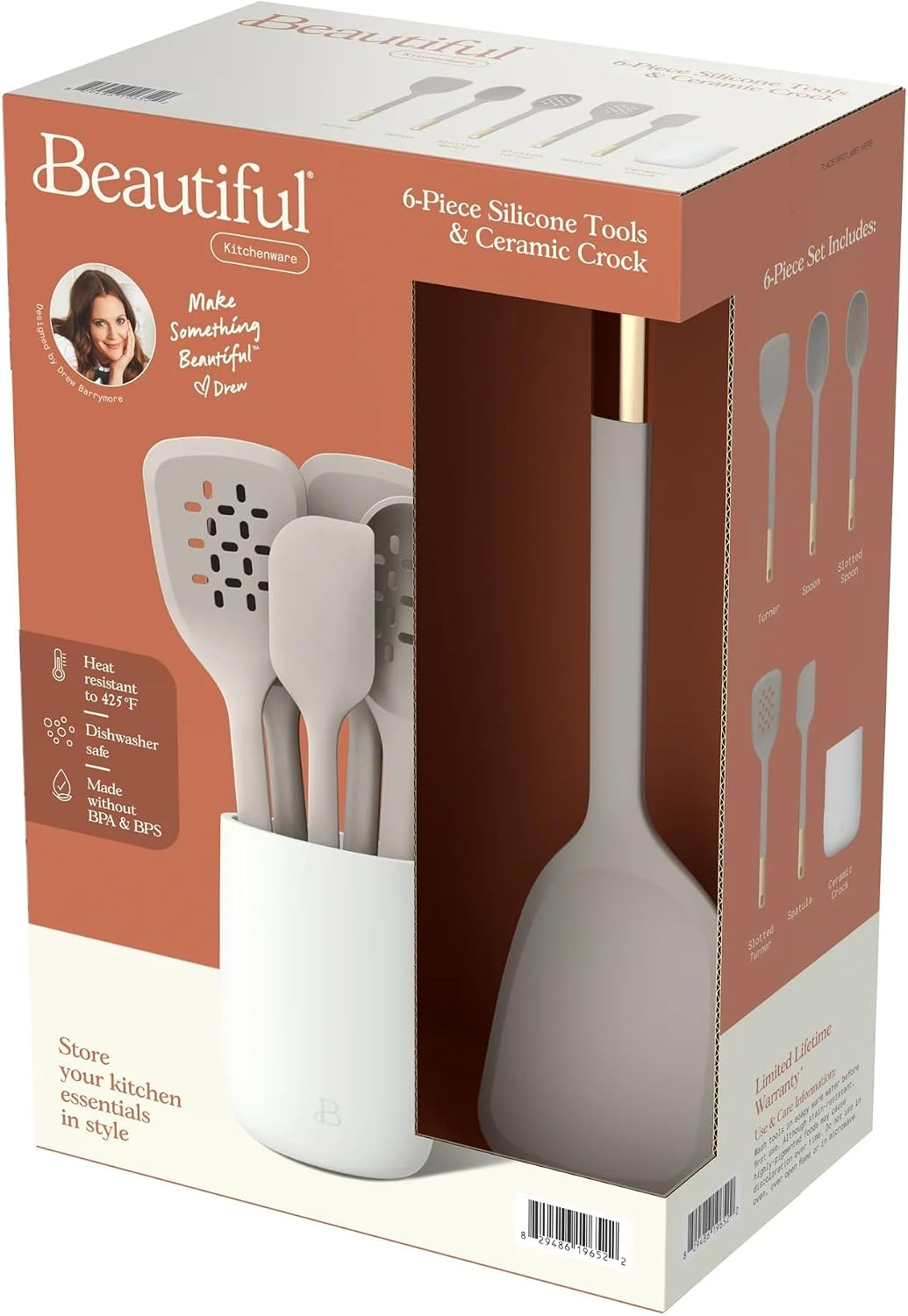 6 Piece Silicone Kitchen Utensil Set with Holder, Heat Resistant Cooking Tools, Nonstick Safe Spatula Spoon Turner Set with Ceramic Storage Crock (Porcini Taupe)
